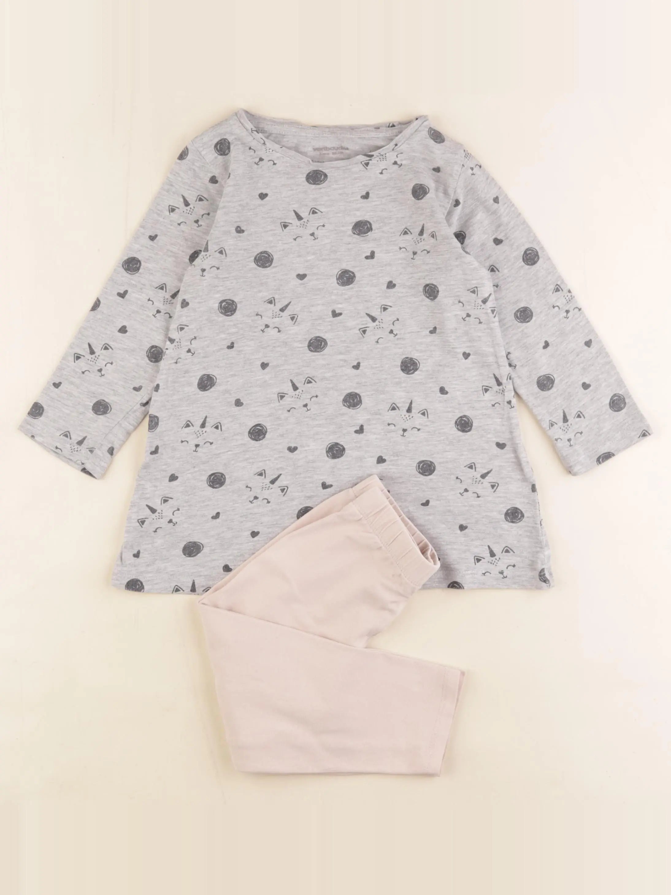 Vertbaudet - pyjama coton gris, rose - 2 ans