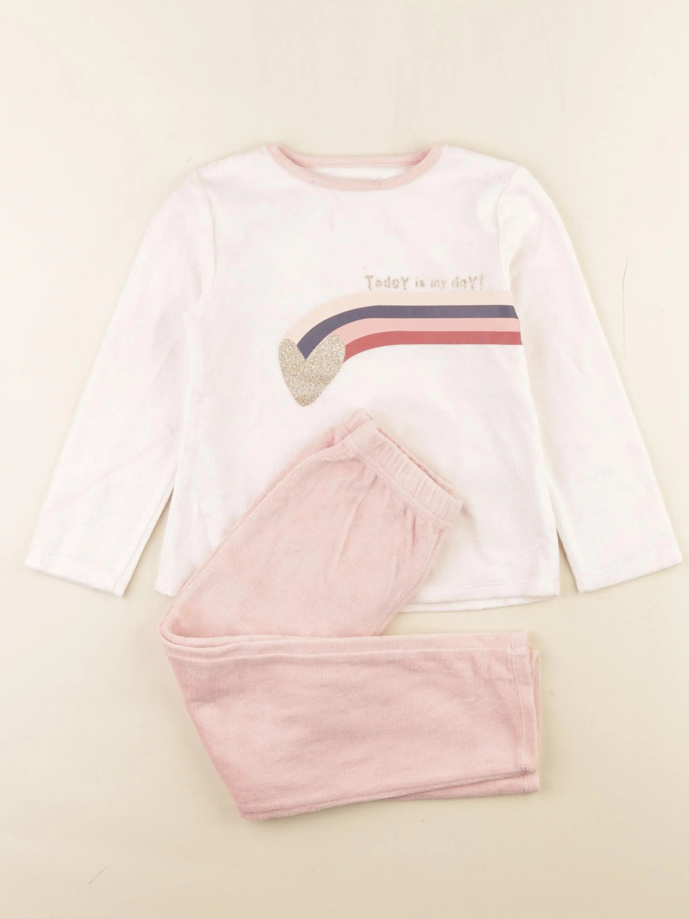 Vertbaudet - pyjama velours rose, blanc - 5 ans