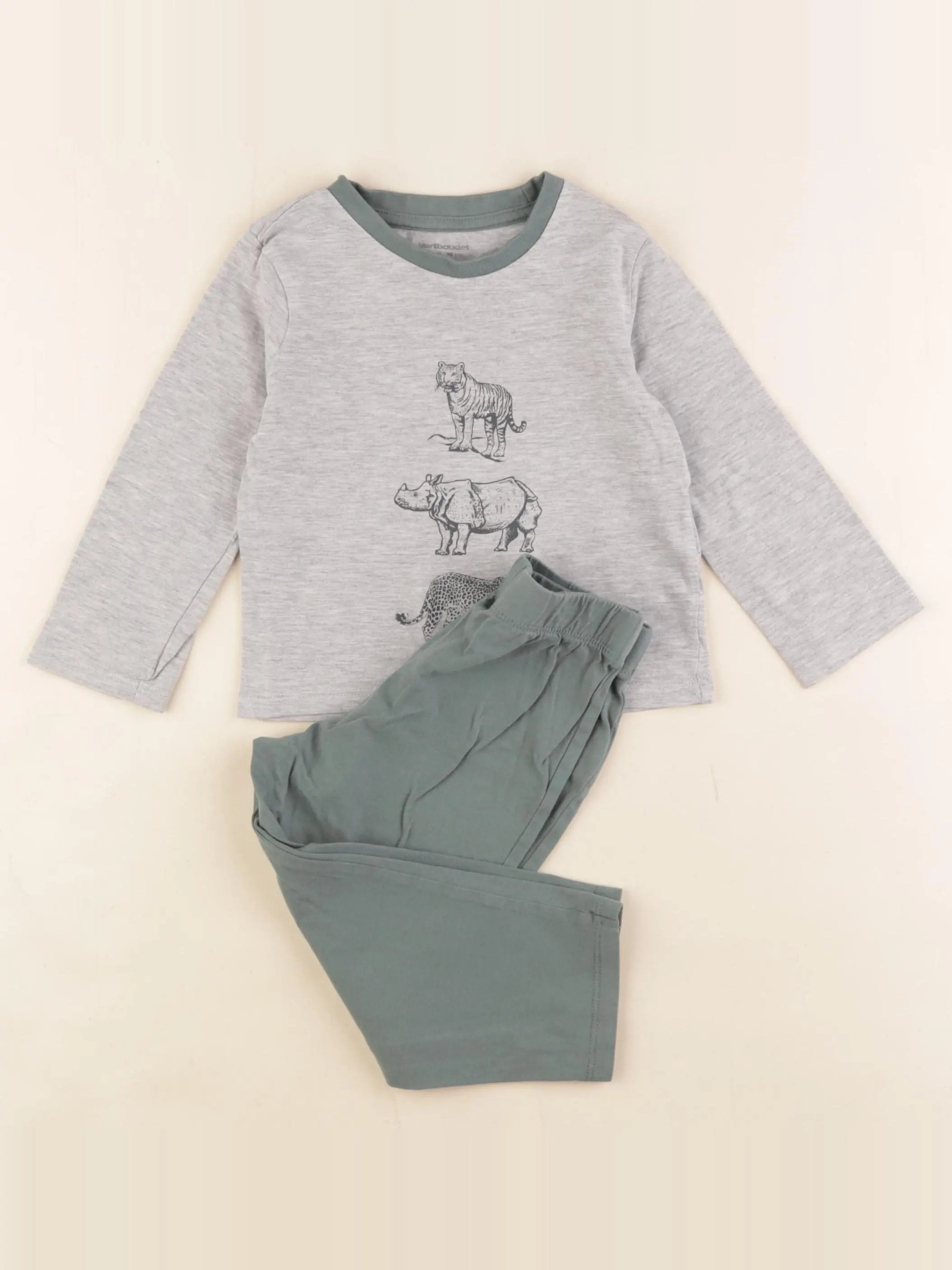 Vertbaudet - pyjama coton vert, gris - 2 ans