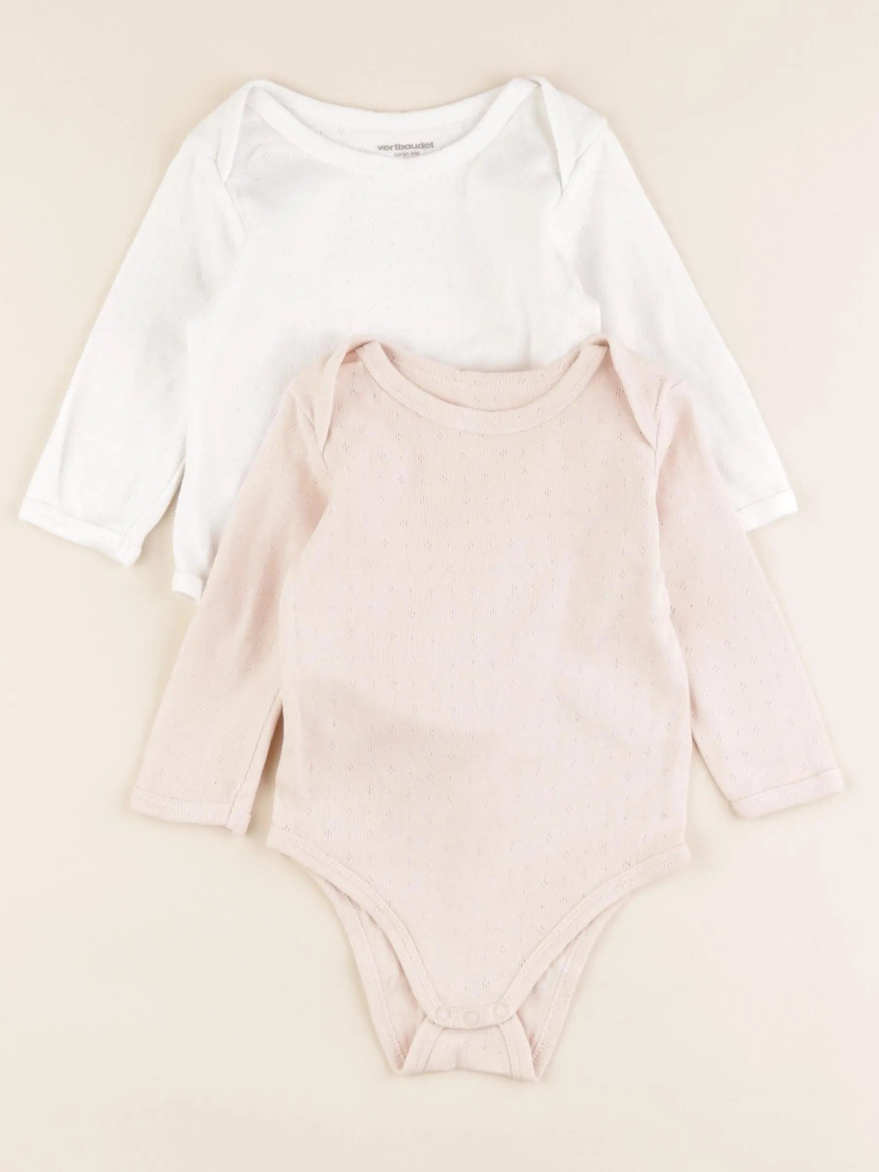 Vertbaudet - lot de 2 bodies en coton beige, blanc - 12 mois