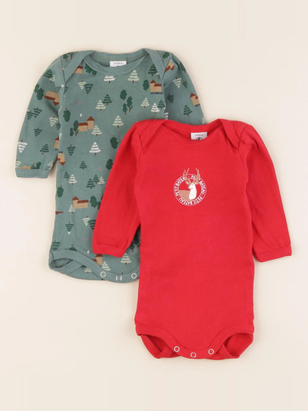 Petit Bateau - lot de 2 bodies en coton vert, rouge - 3 mois