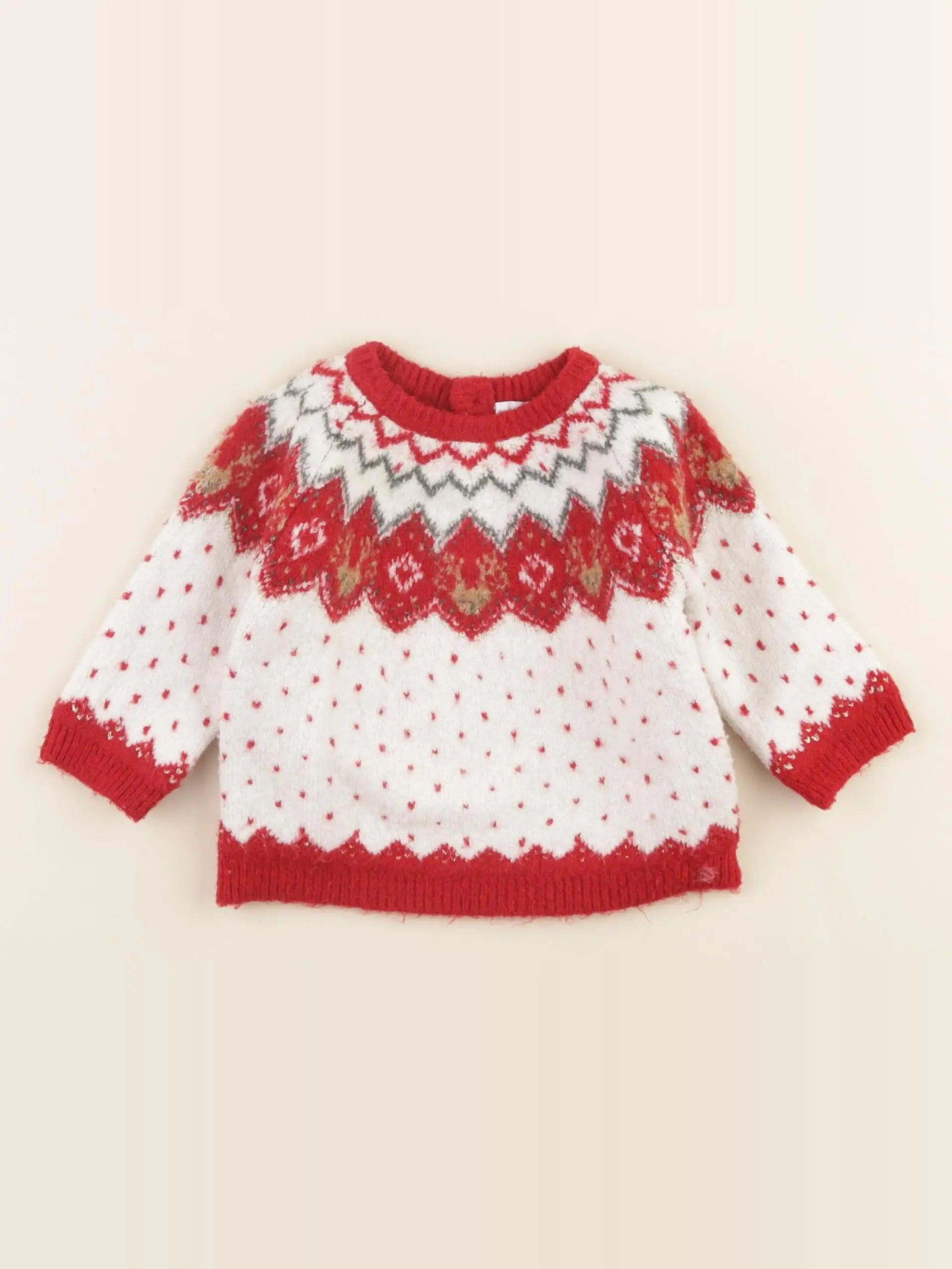 Vertbaudet - pull blanc, rouge - 9 mois