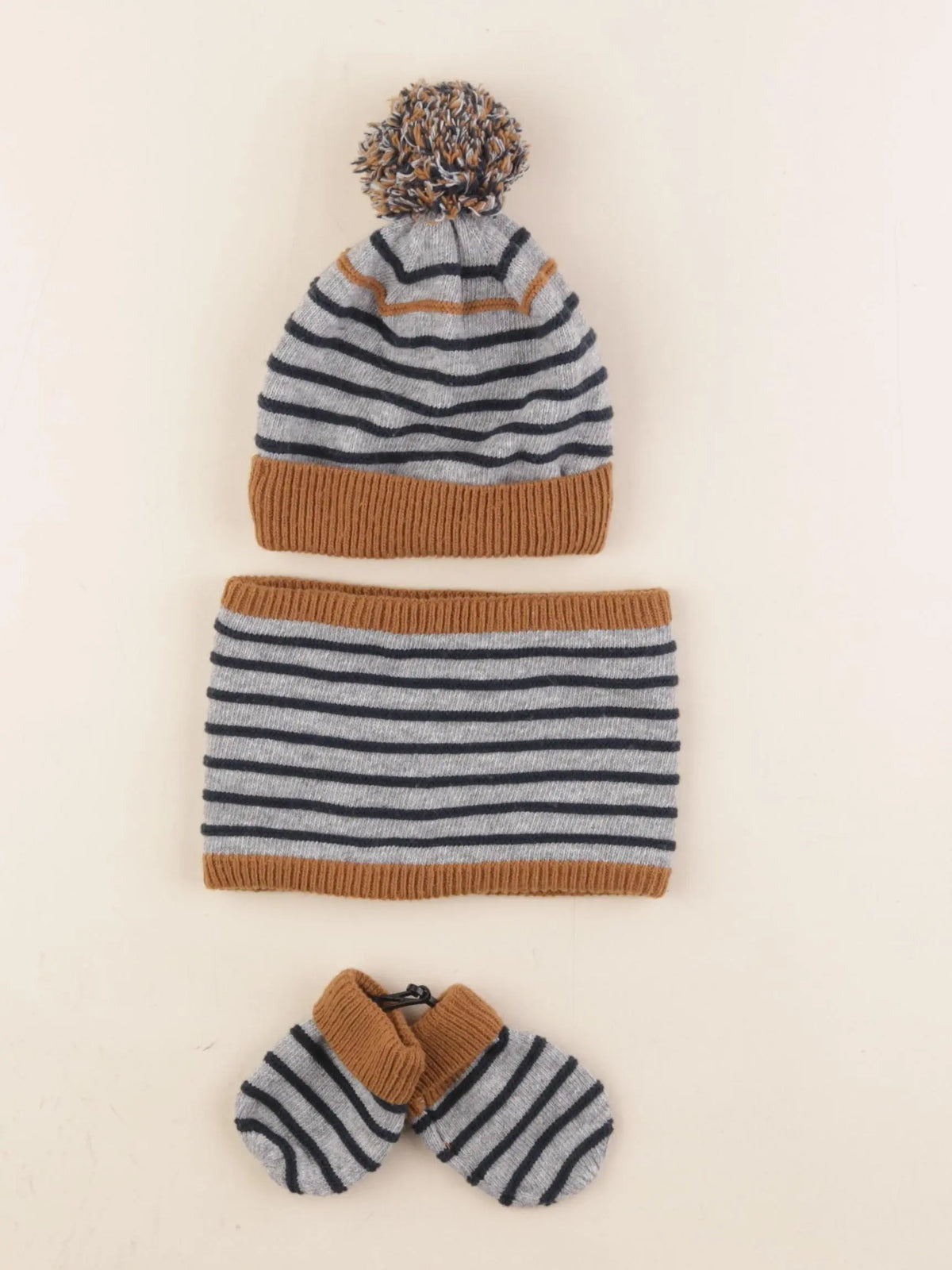 Vertbaudet - ensemble bonnet/moufles/tour de cou gris, marron - 12/18 mois