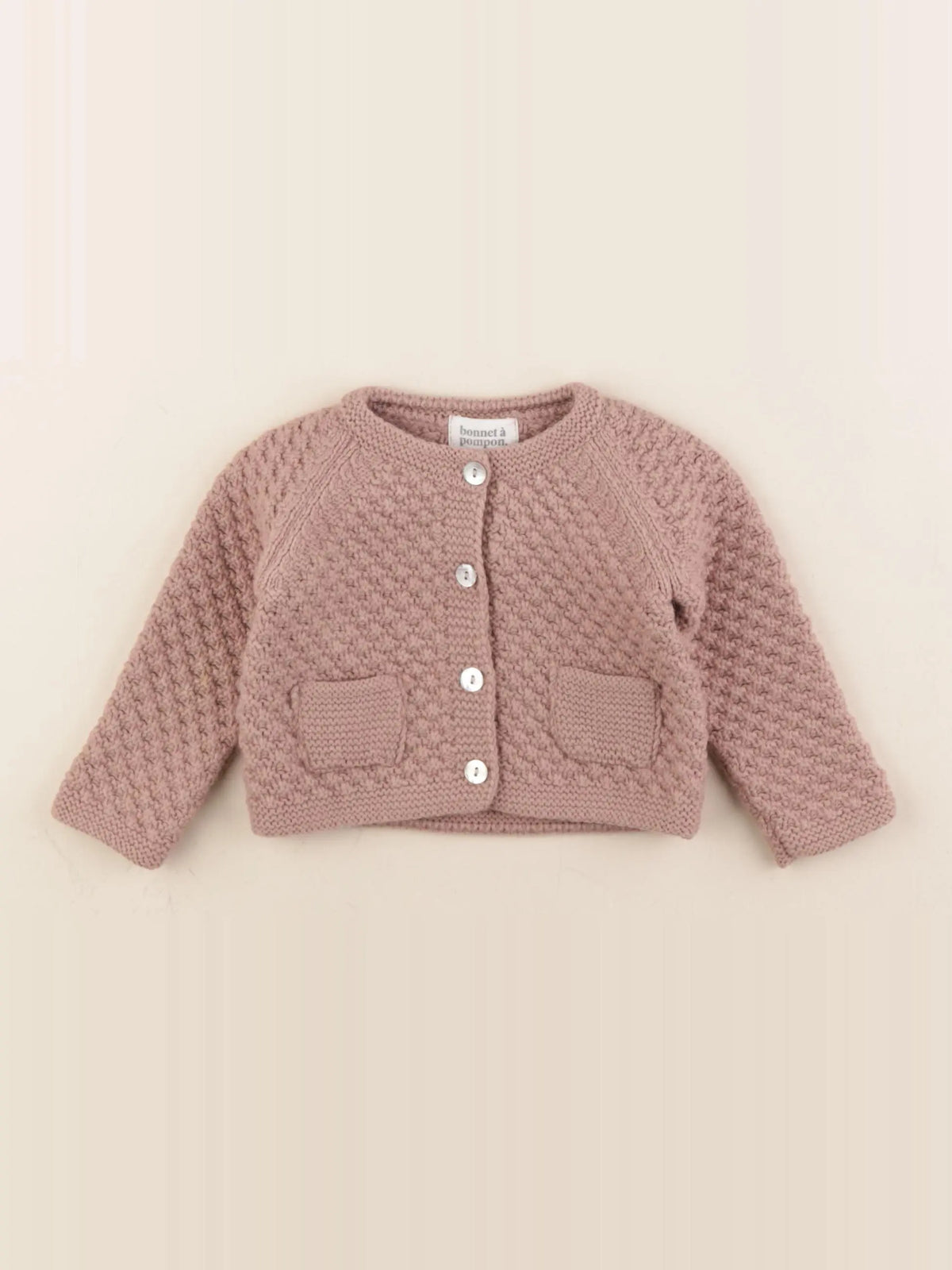 Bonnet à Pompon - gilet rose - 3 mois