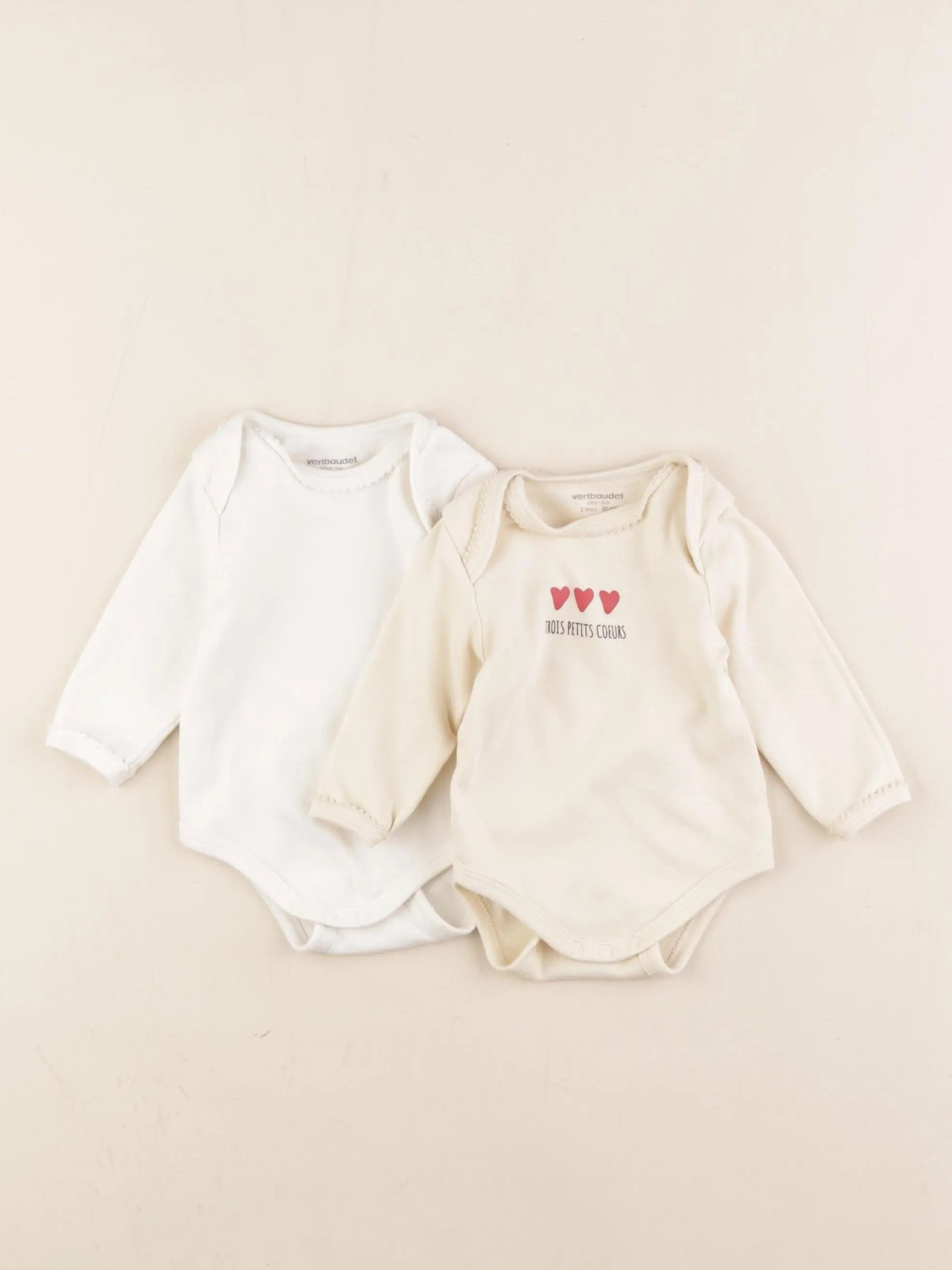 Vertbaudet - lot de 2 bodies en coton beige, blanc - 3 mois