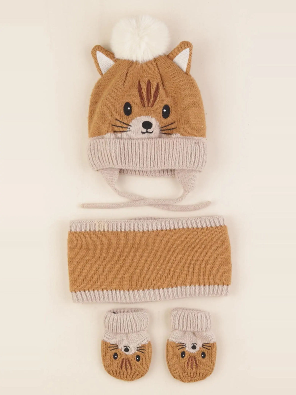Vertbaudet - ensemble bonnet/moufles/tour de cou marron, gris - 3/6 mois