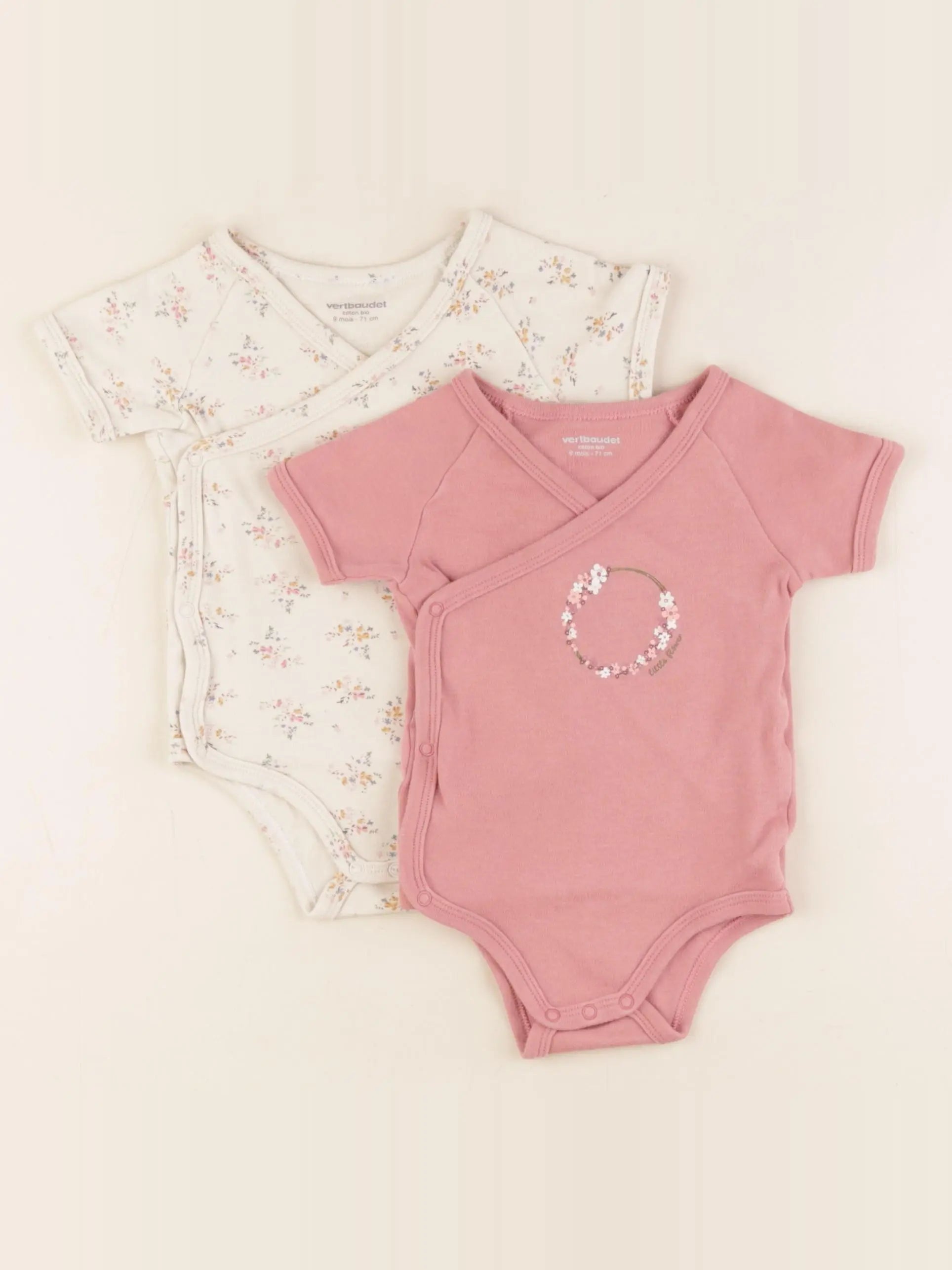 Vertbaudet - lot de 2 bodies en coton beige, rose - 9 mois