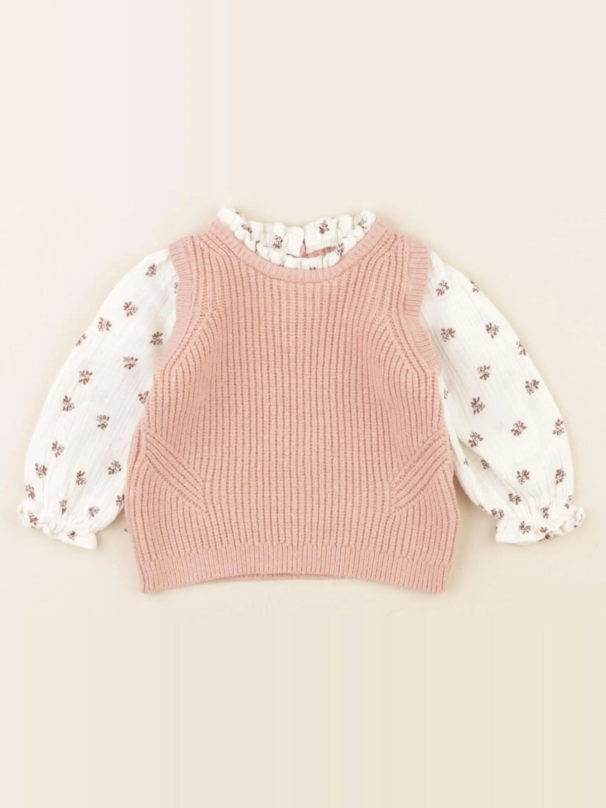 Vertbaudet - pull beige, rose - 6 mois