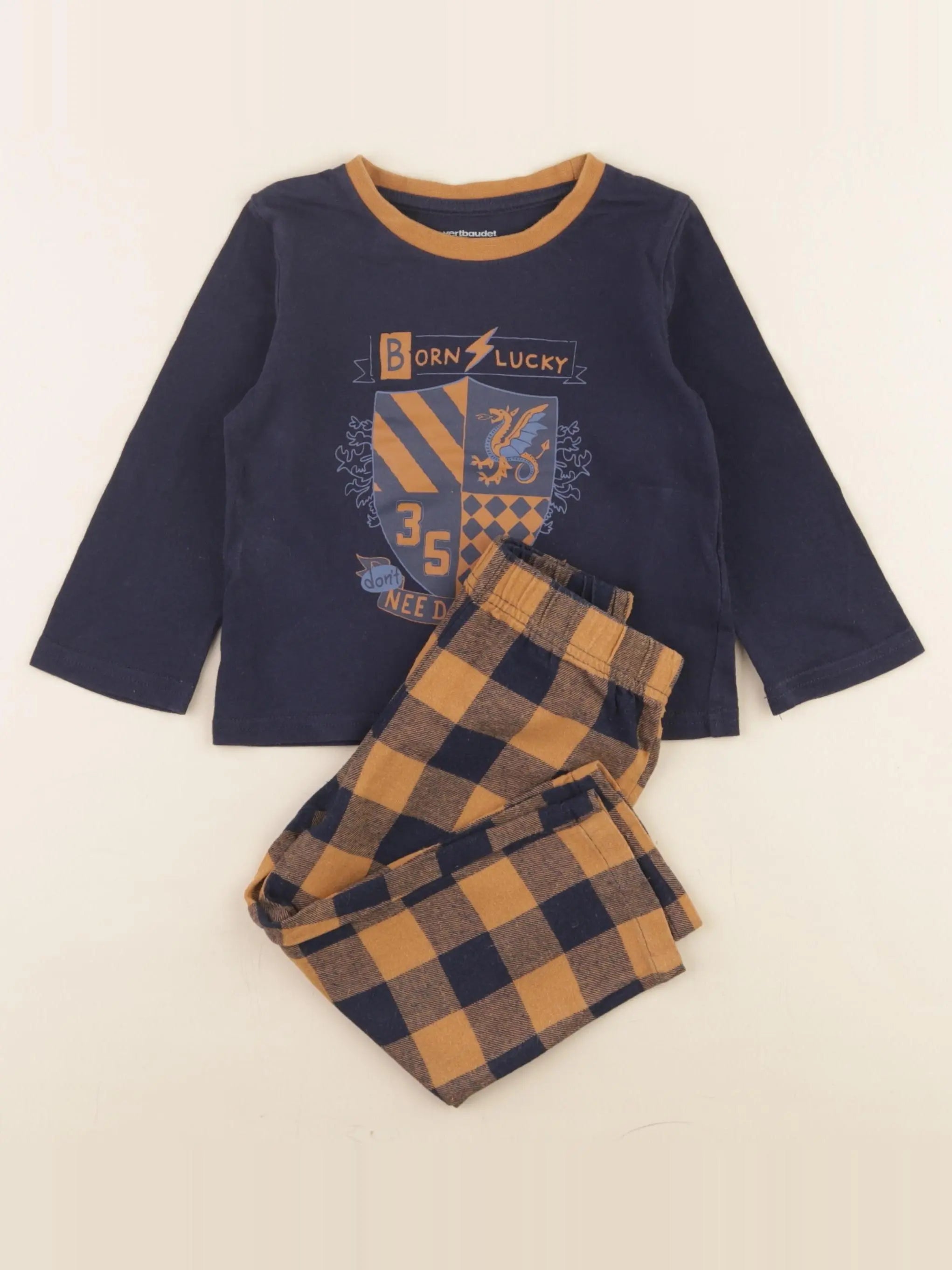 Vertbaudet - pyjama coton bleu, marron - 2 ans
