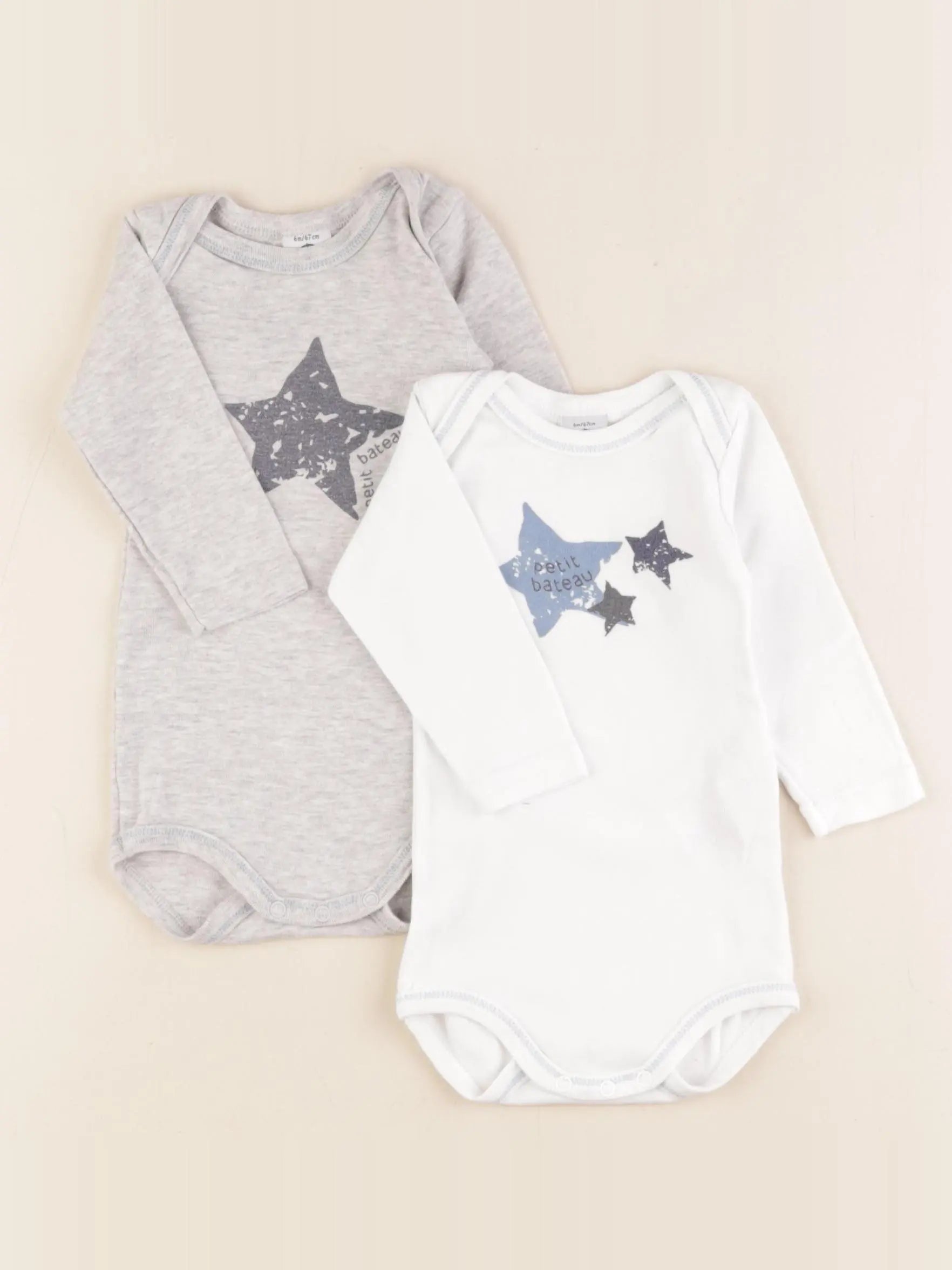 Petit Bateau - lot de 2 bodies en coton blanc, gris - 6 mois