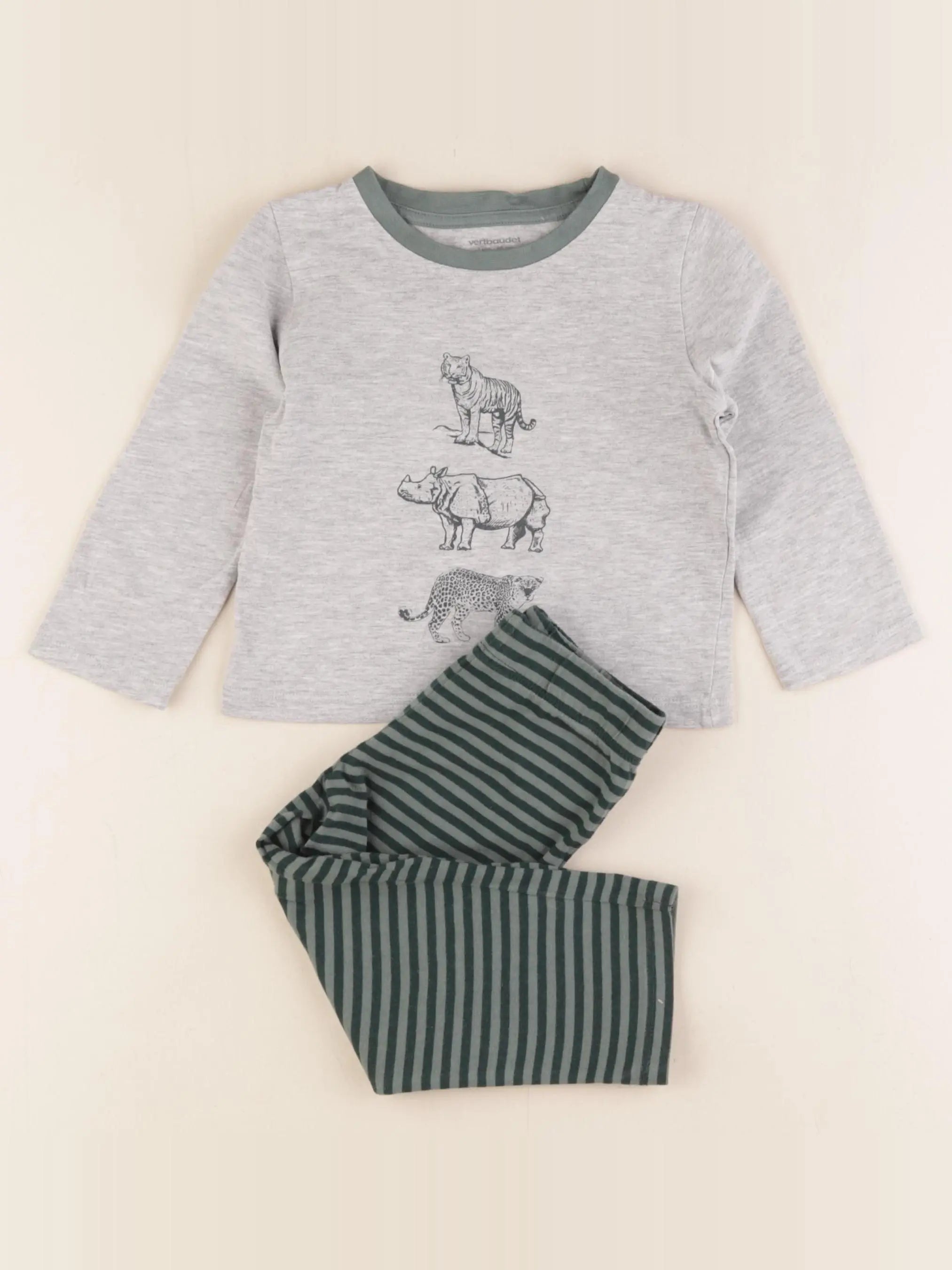 Vertbaudet - pyjama coton vert, gris - 2 ans