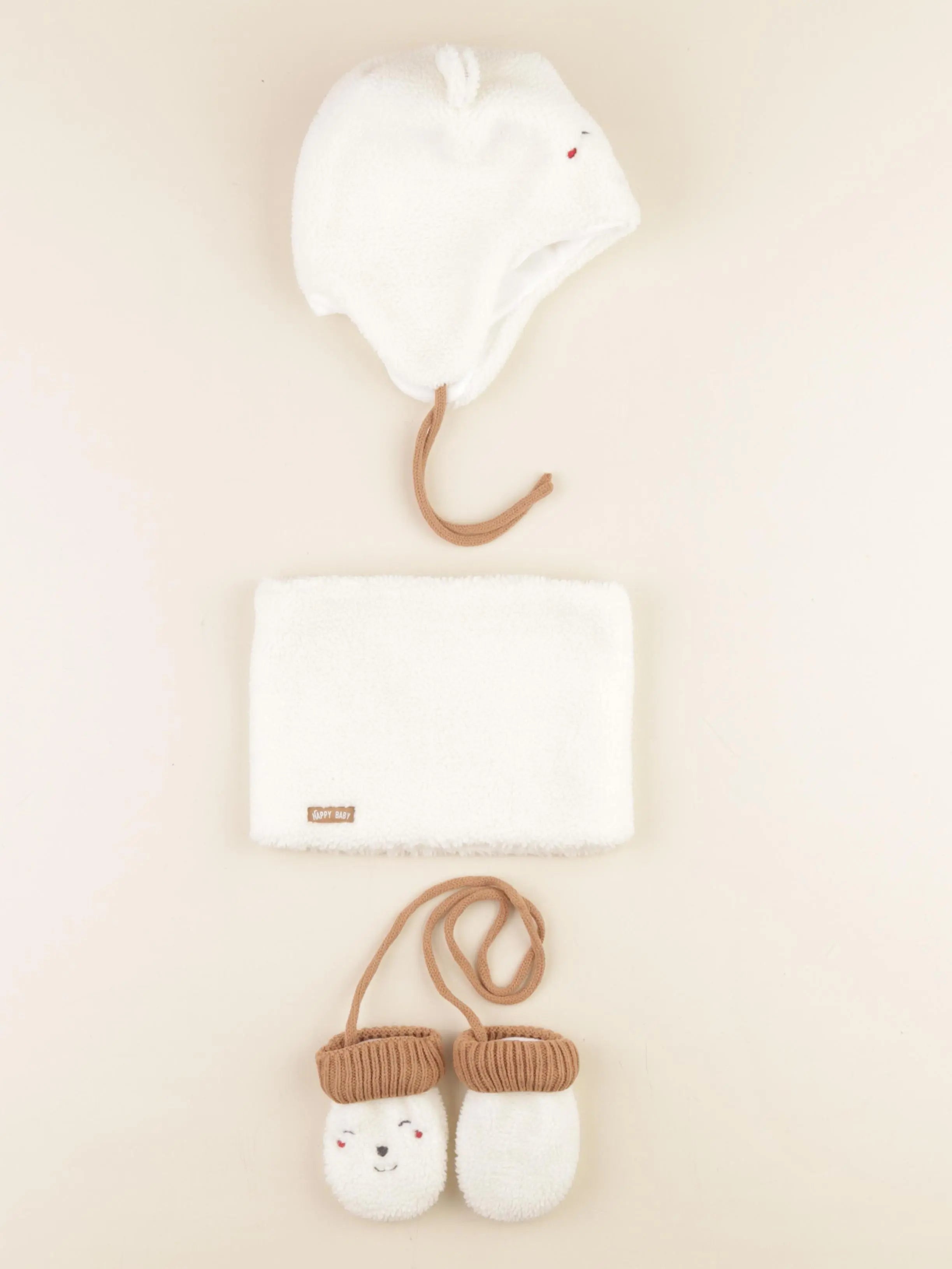 Vertbaudet - ensemble bonnet/moufles/tour de cou blanc, marron - 12/18 mois