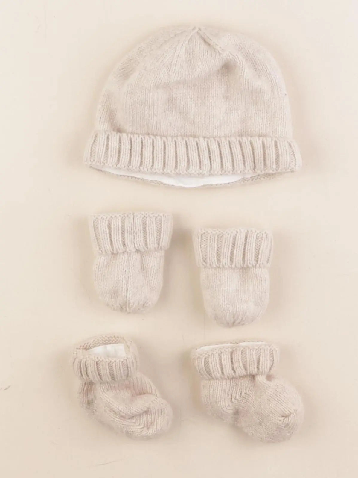 Vertbaudet - ensemble bonnet/moufles/chaussons beige - 0/1 mois