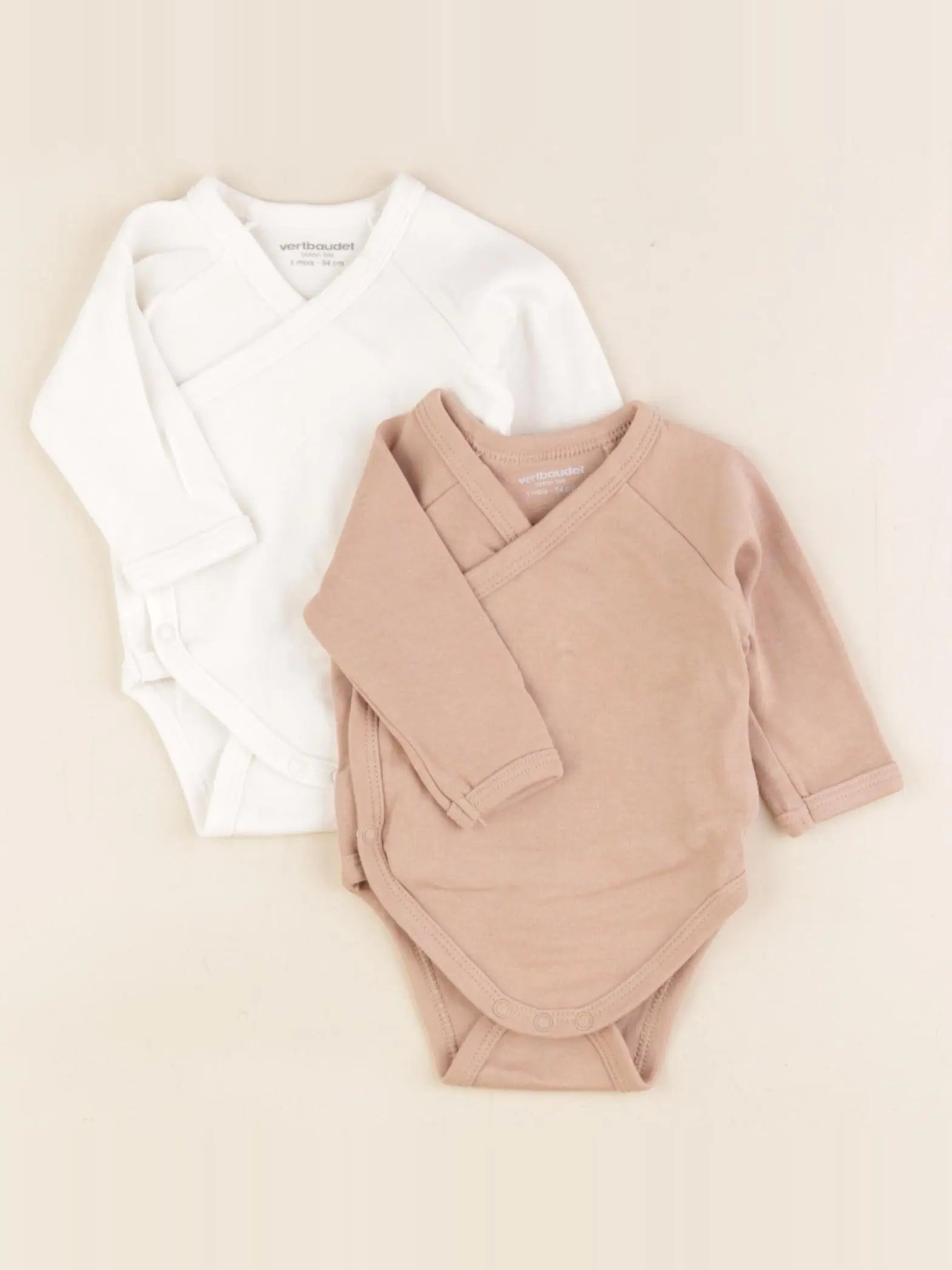 Vertbaudet - lot de 2 bodies en coton marron, blanc - 1 mois