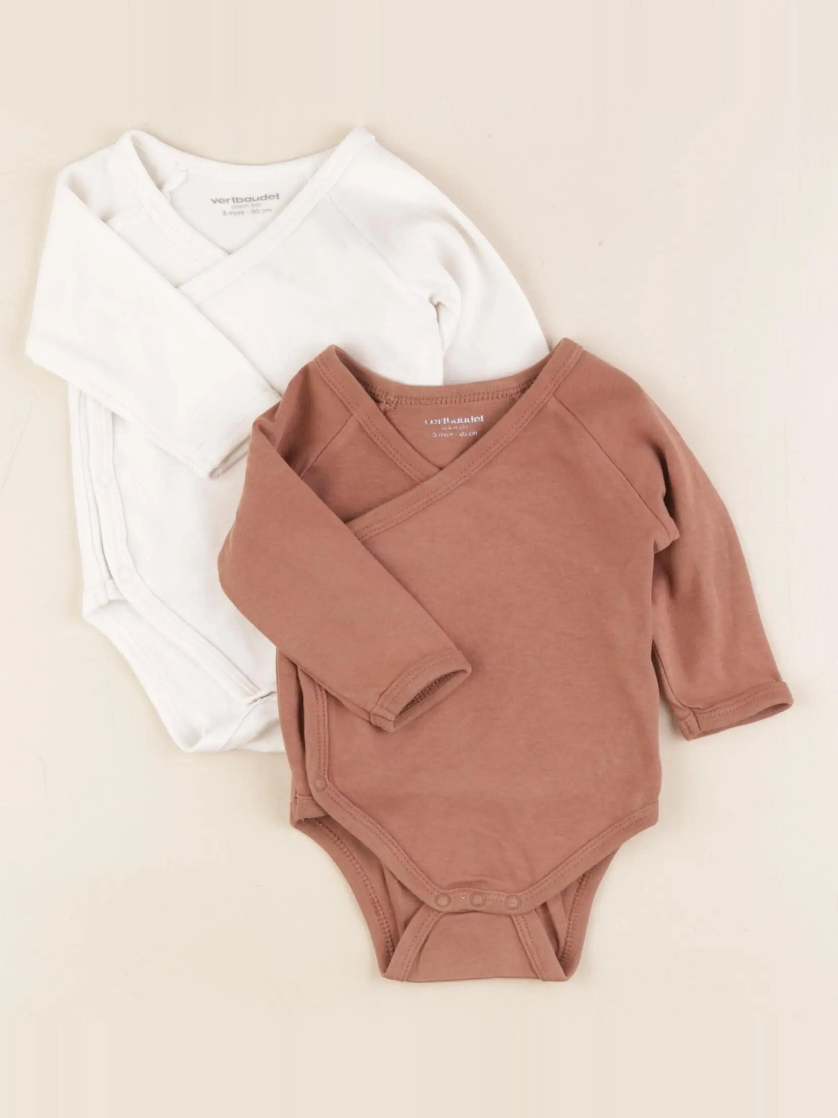 Vertbaudet - lot de 2 bodies en coton blanc, marron - 3 mois