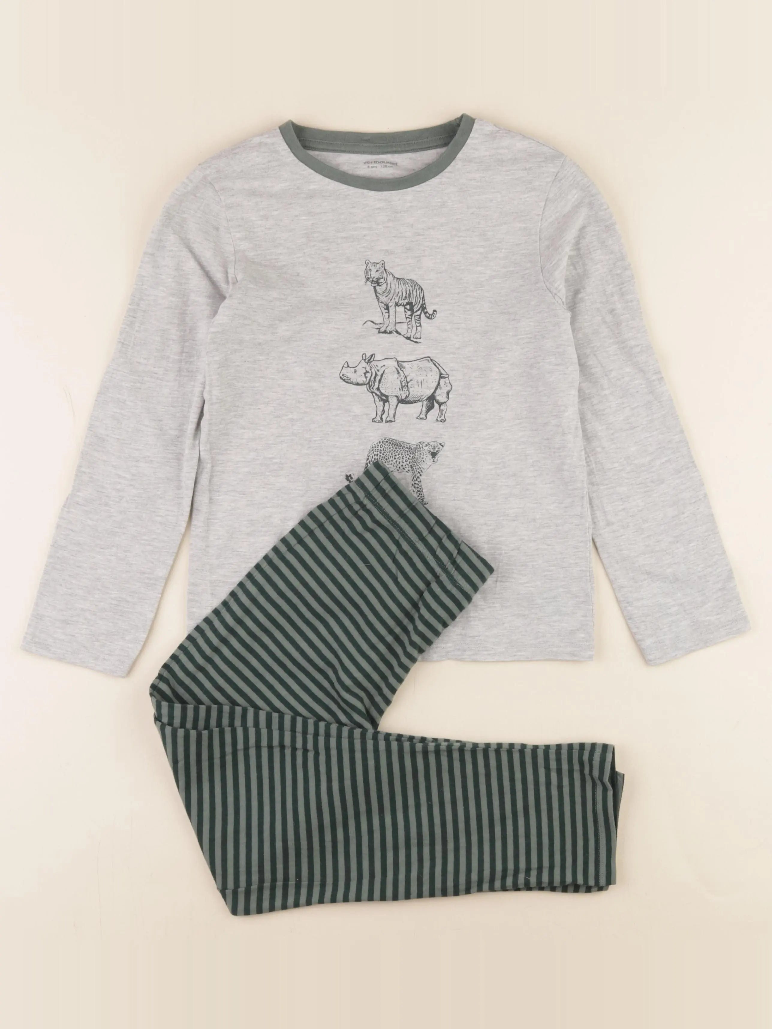 Vertbaudet - pyjama coton vert, gris - 8 ans