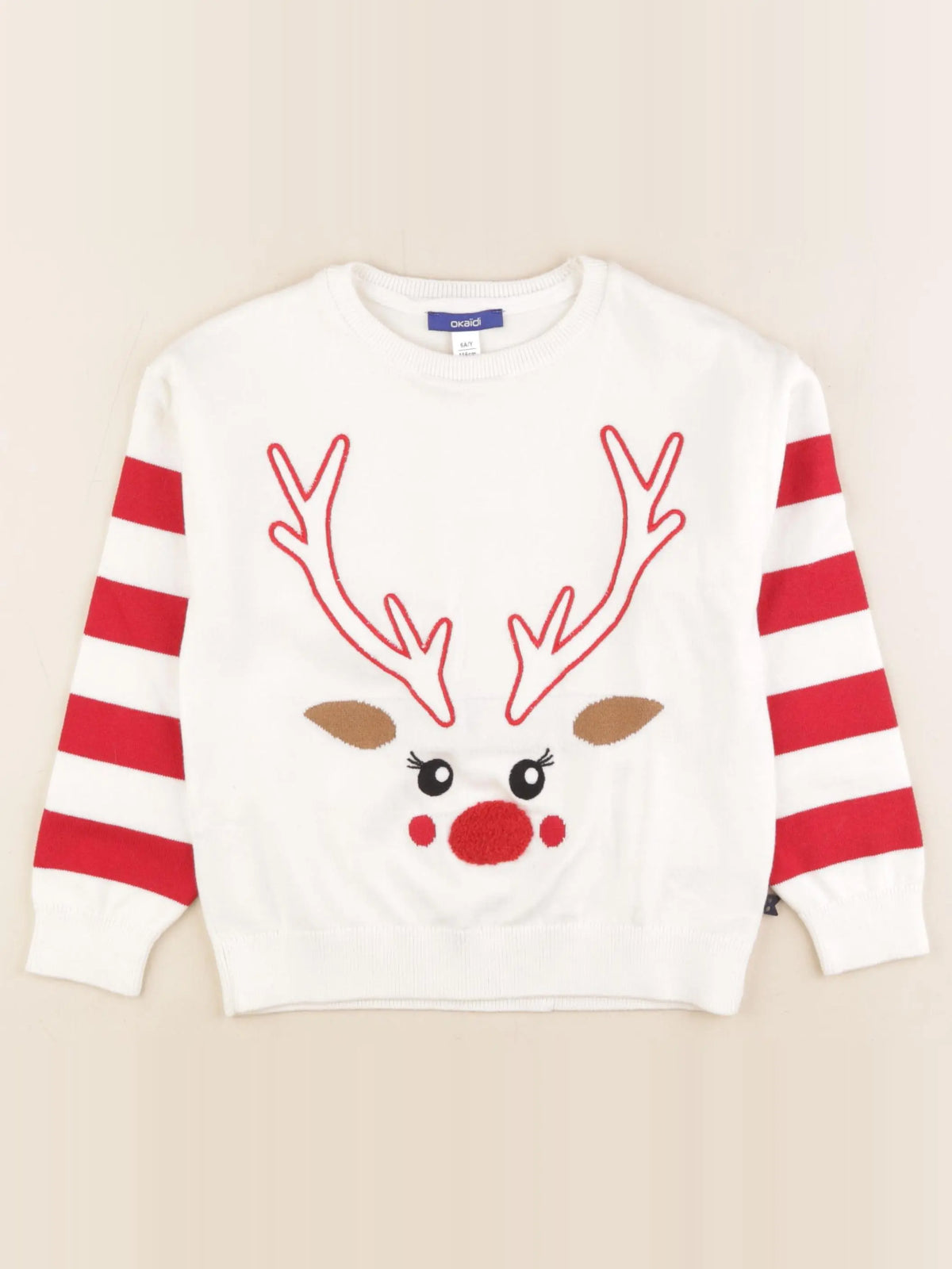 Okaidi - pull blanc, rouge - 6 ans