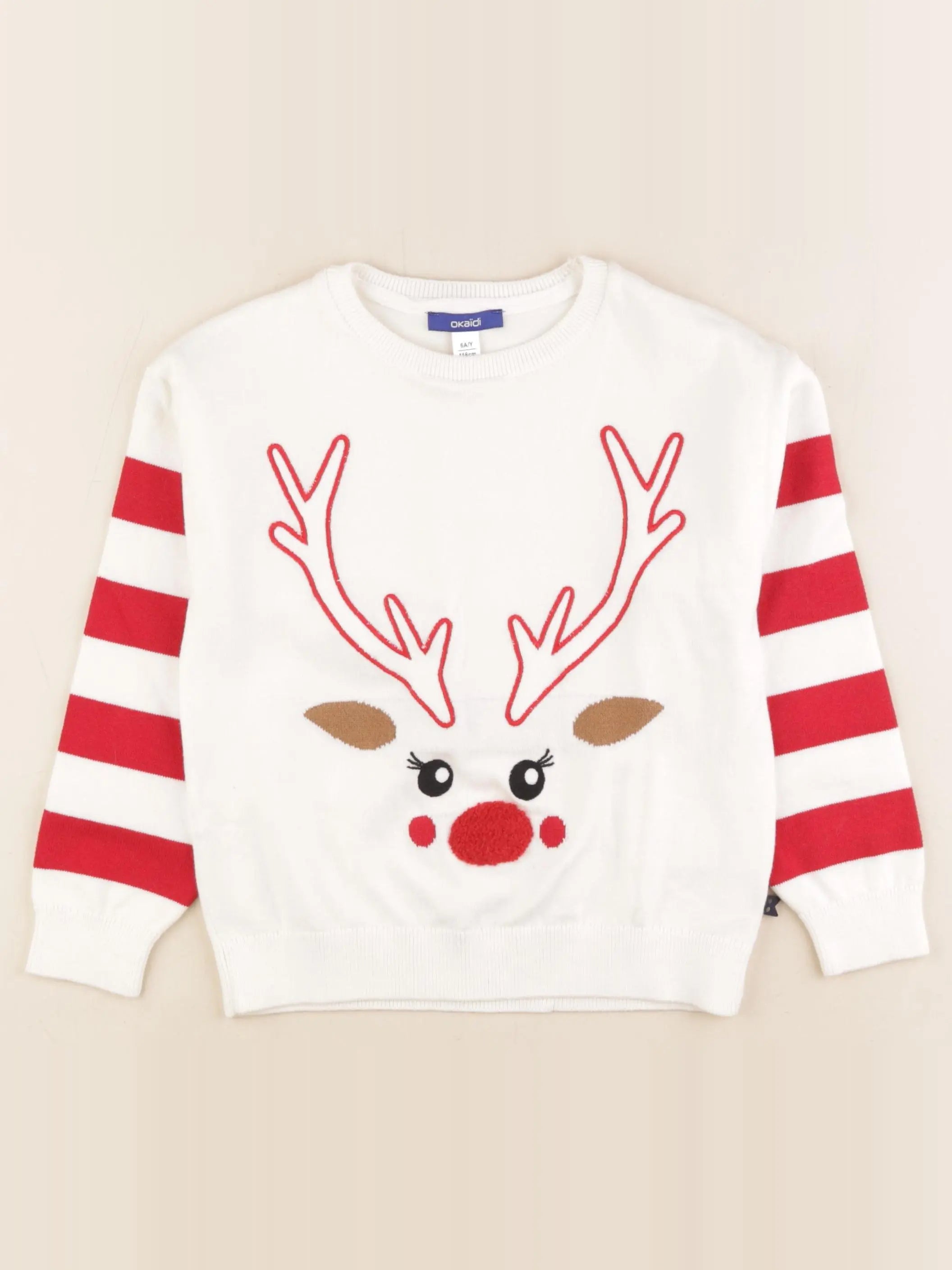 Okaidi - pull blanc, rouge - 6 ans