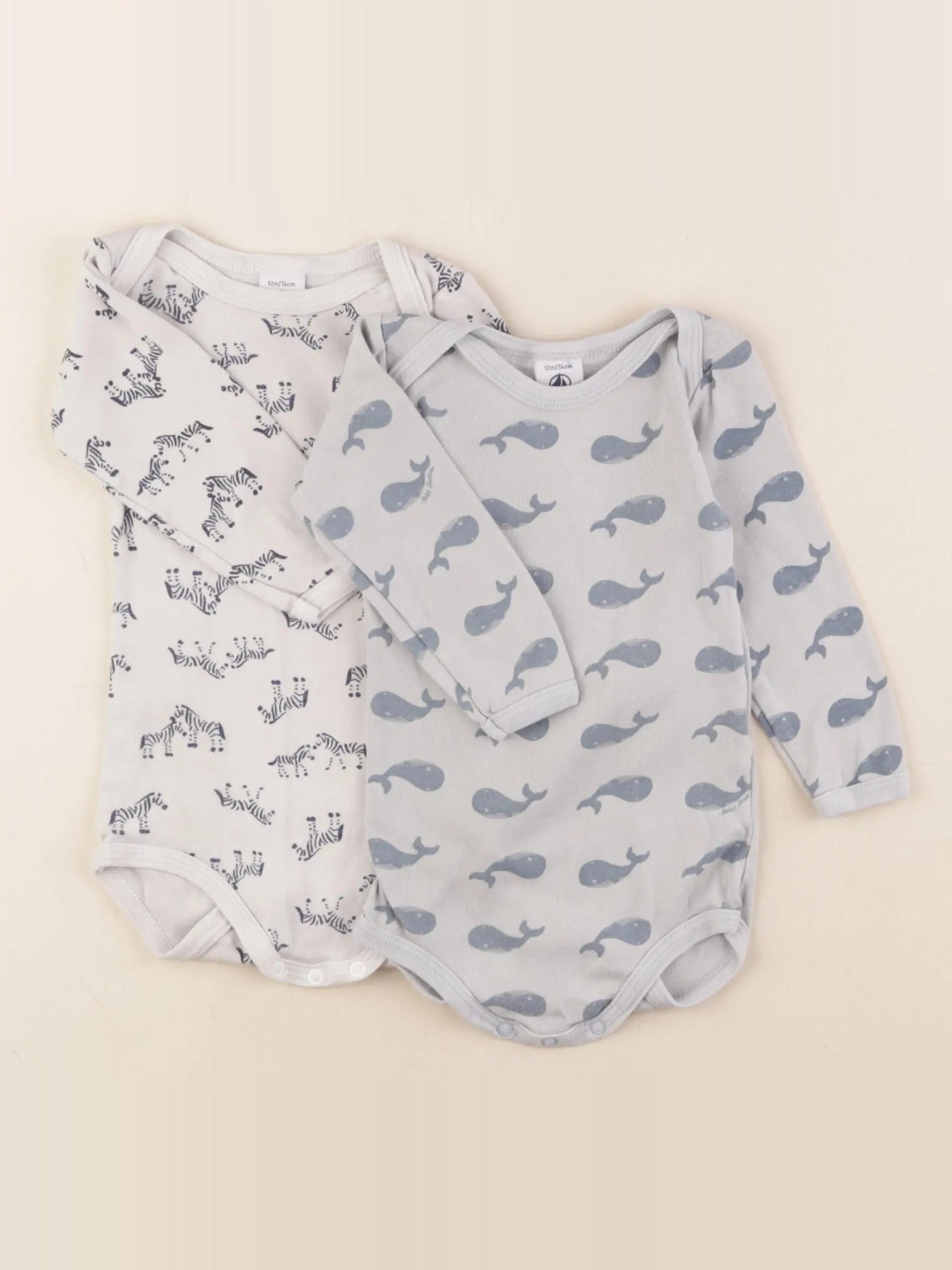 Petit Bateau - lot de 2 bodies en coton gris, bleu - 12 mois