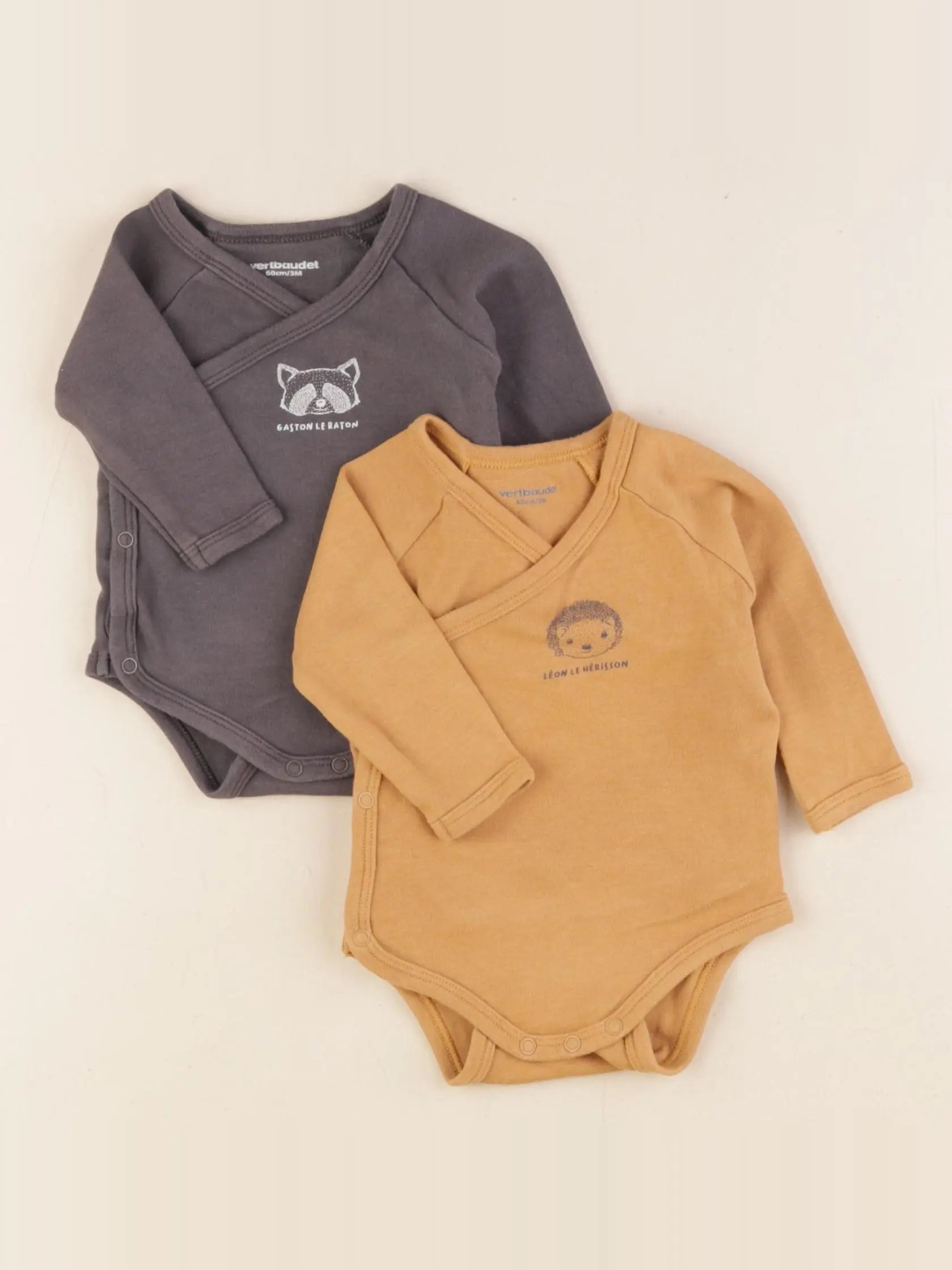 Vertbaudet - lot de 2 bodies en coton marron, gris - 3 mois