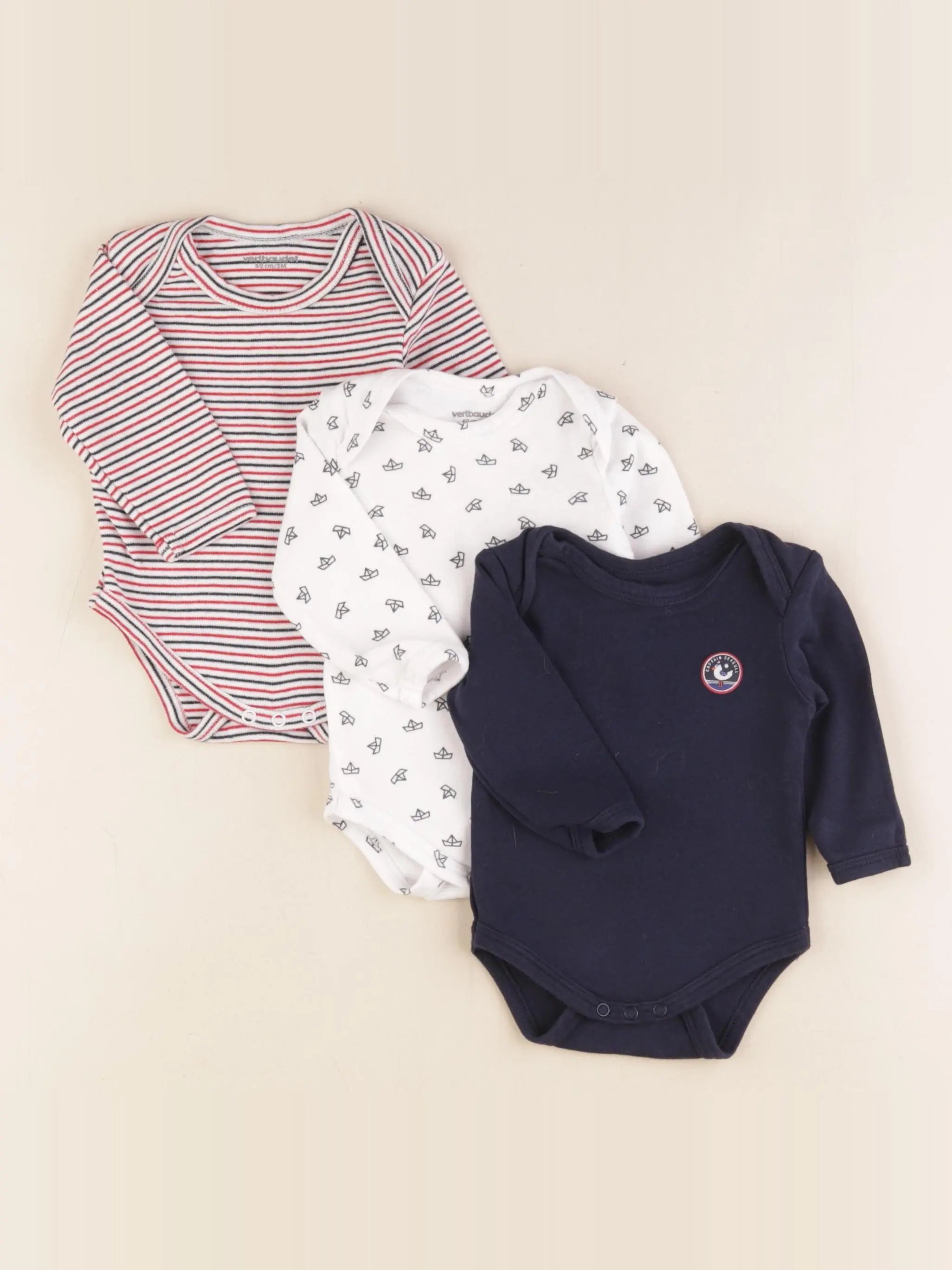 Vertbaudet - lot de 3 bodies en coton blanc, bleu - 3 mois