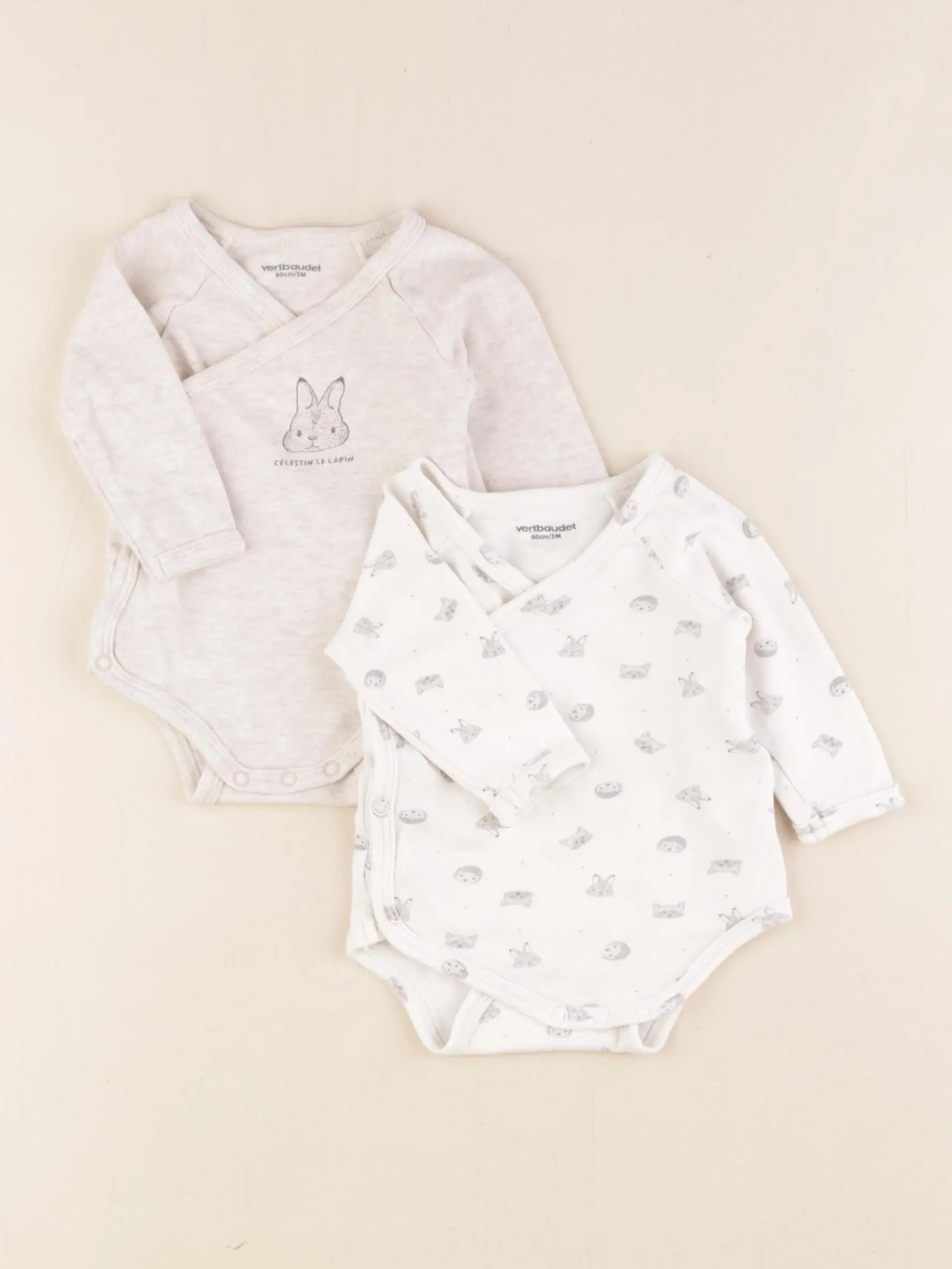 Vertbaudet - lot de 2 bodies en coton blanc, beige - 3 mois