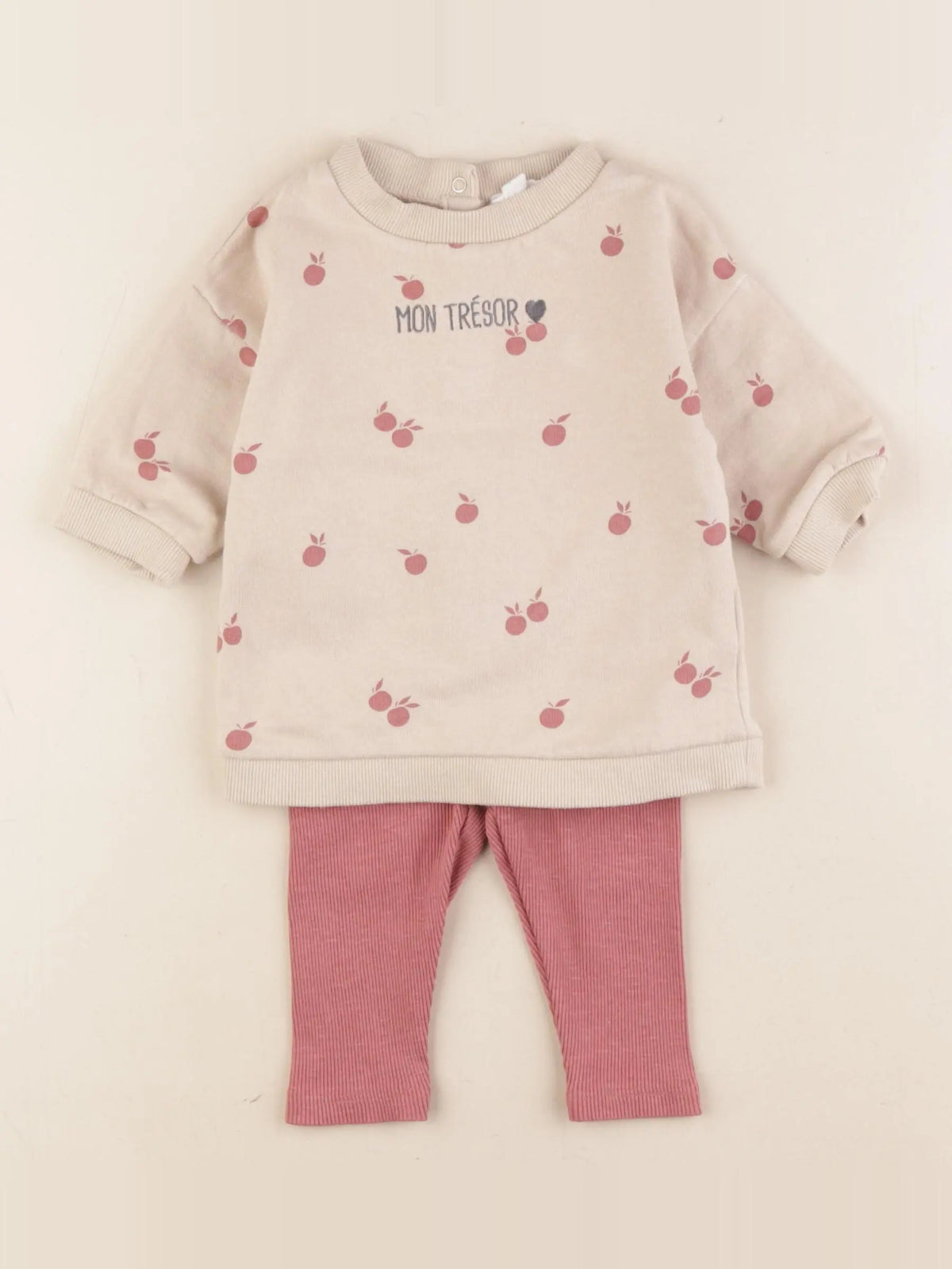 Vertbaudet - ensemble beige, rose - 6 mois