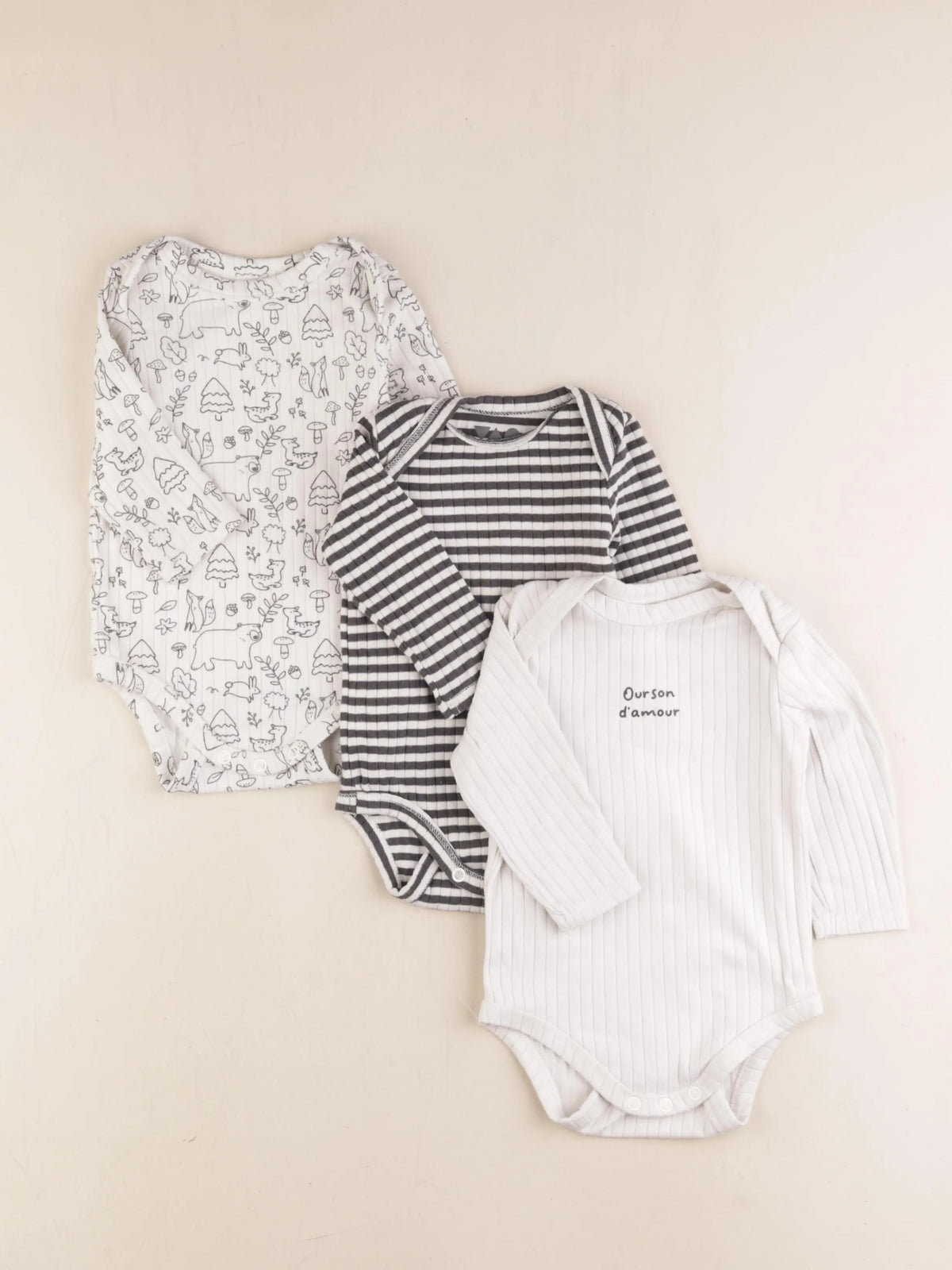 Tape à l'oeil - lot de 3 bodies en coton beige, gris - 9 mois