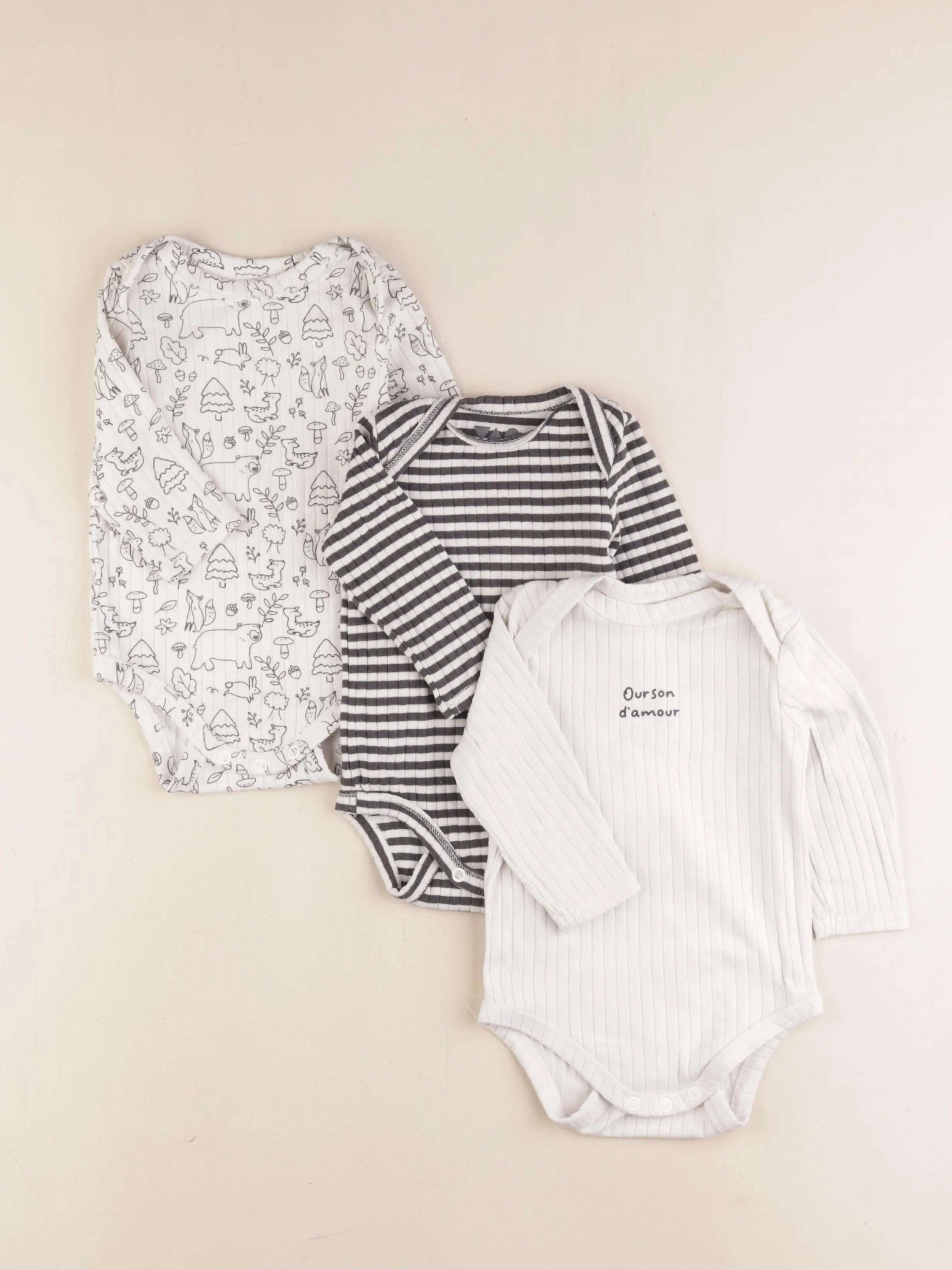 Tape à l'oeil - lot de 3 bodies en coton beige, gris - 9 mois