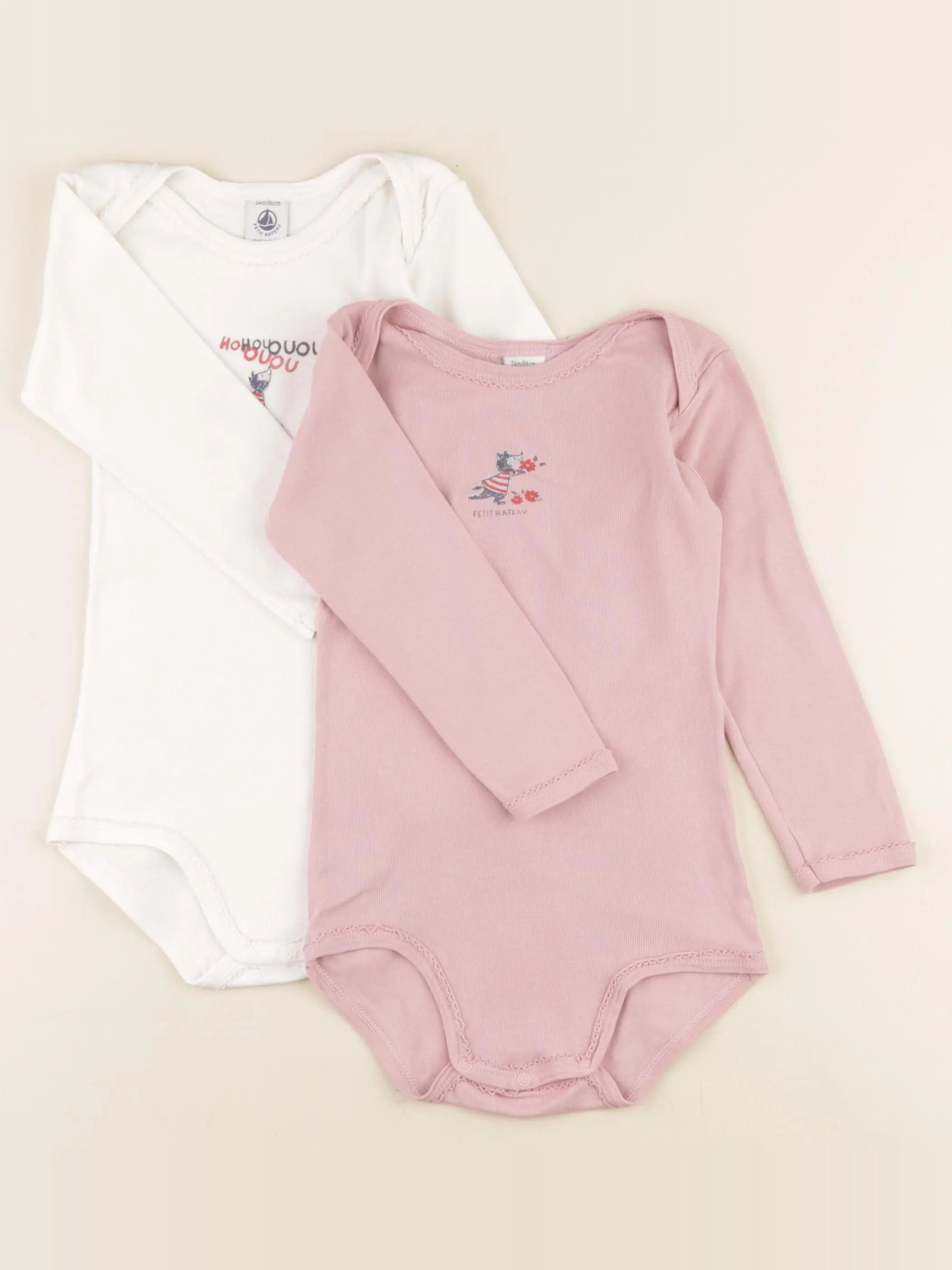 Petit Bateau - lot de 2 bodies en coton blanc, rose - 24 mois