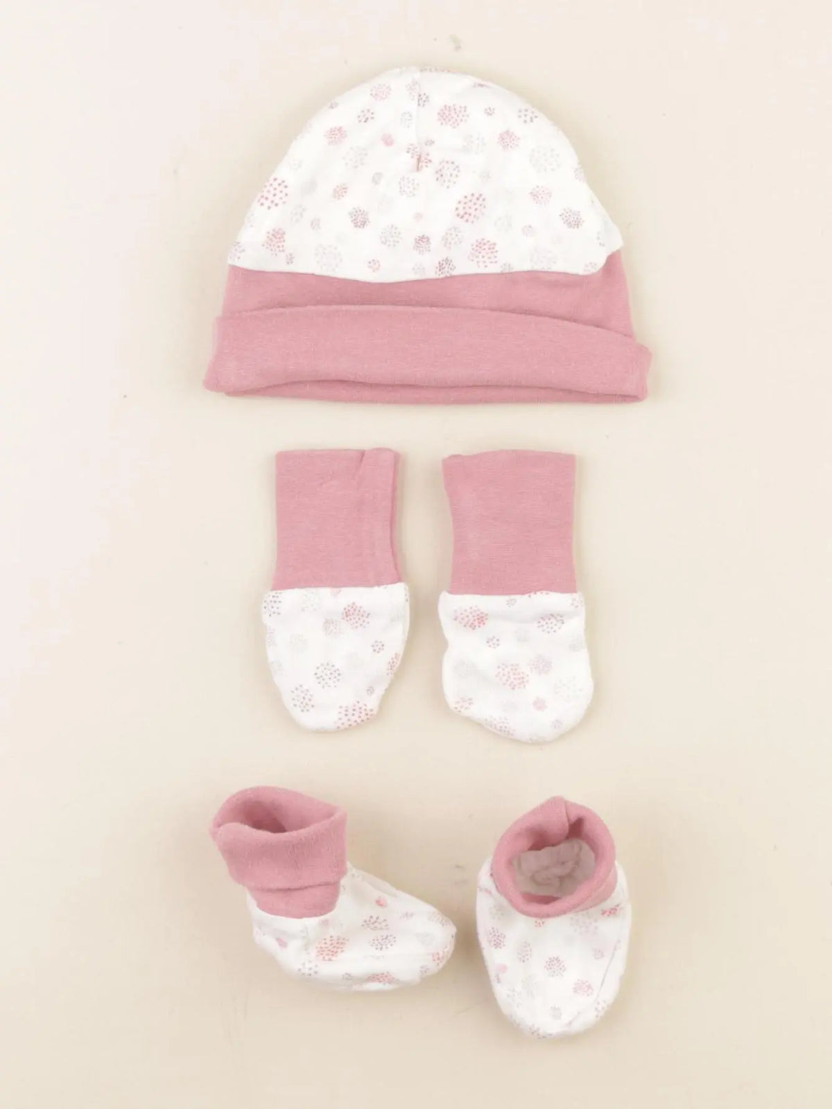 Vertbaudet - ensemble bonnet/moufles/chausson blanc, rose - 1 mois