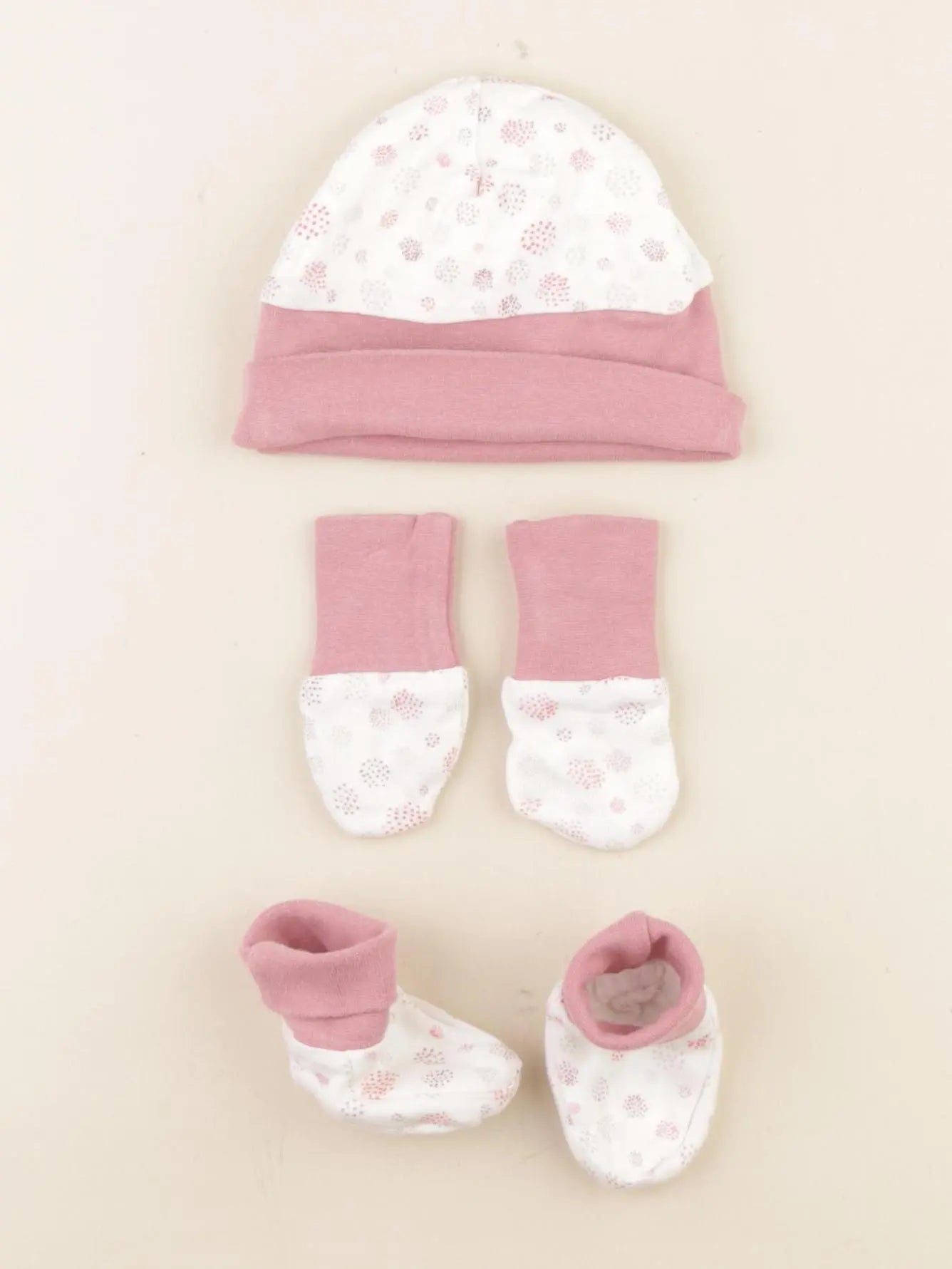 Vertbaudet - ensemble bonnet/moufles/chausson blanc, rose - 1 mois