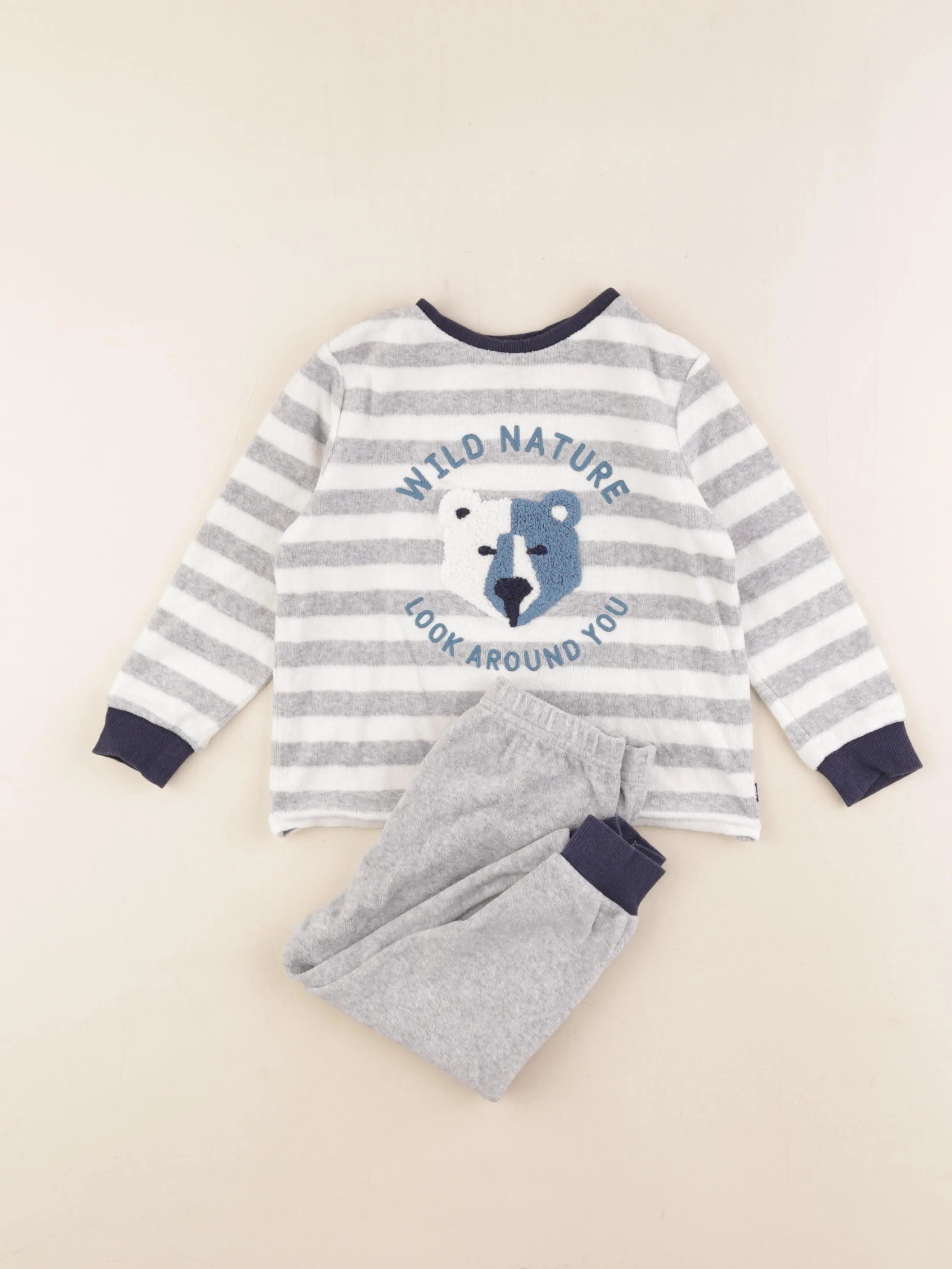 Okaidi - pyjama velours gris, blanc - 2 ans