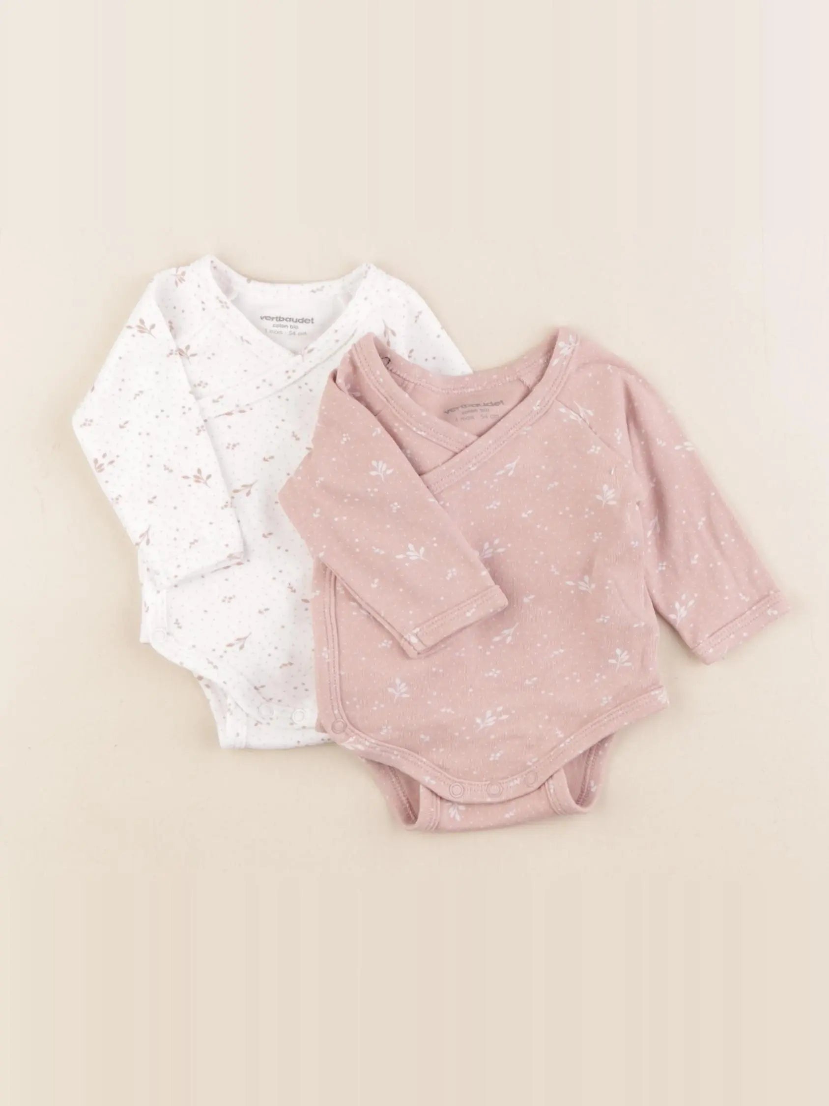 Vertbaudet - lot de 2 bodies en coton blanc, rose - 1 mois