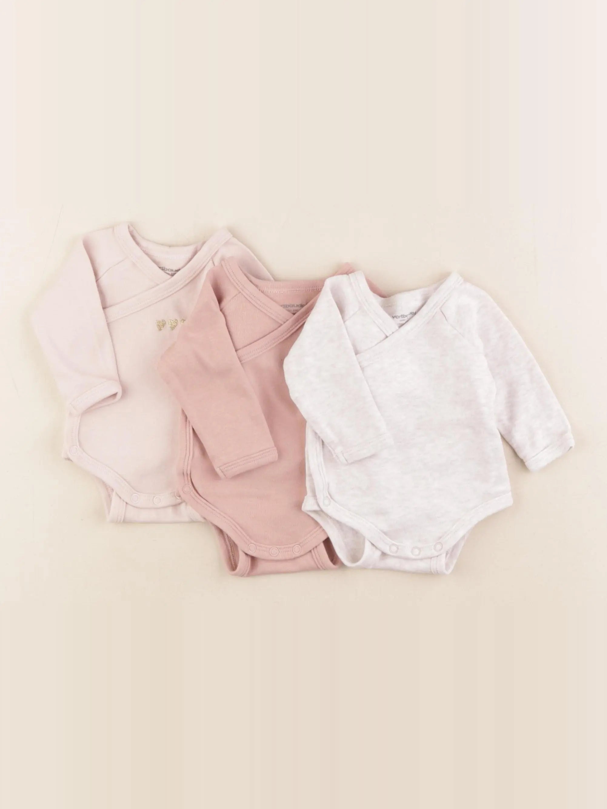 Vertbaudet - lot de 3 bodies en coton rose, blanc - 1 mois