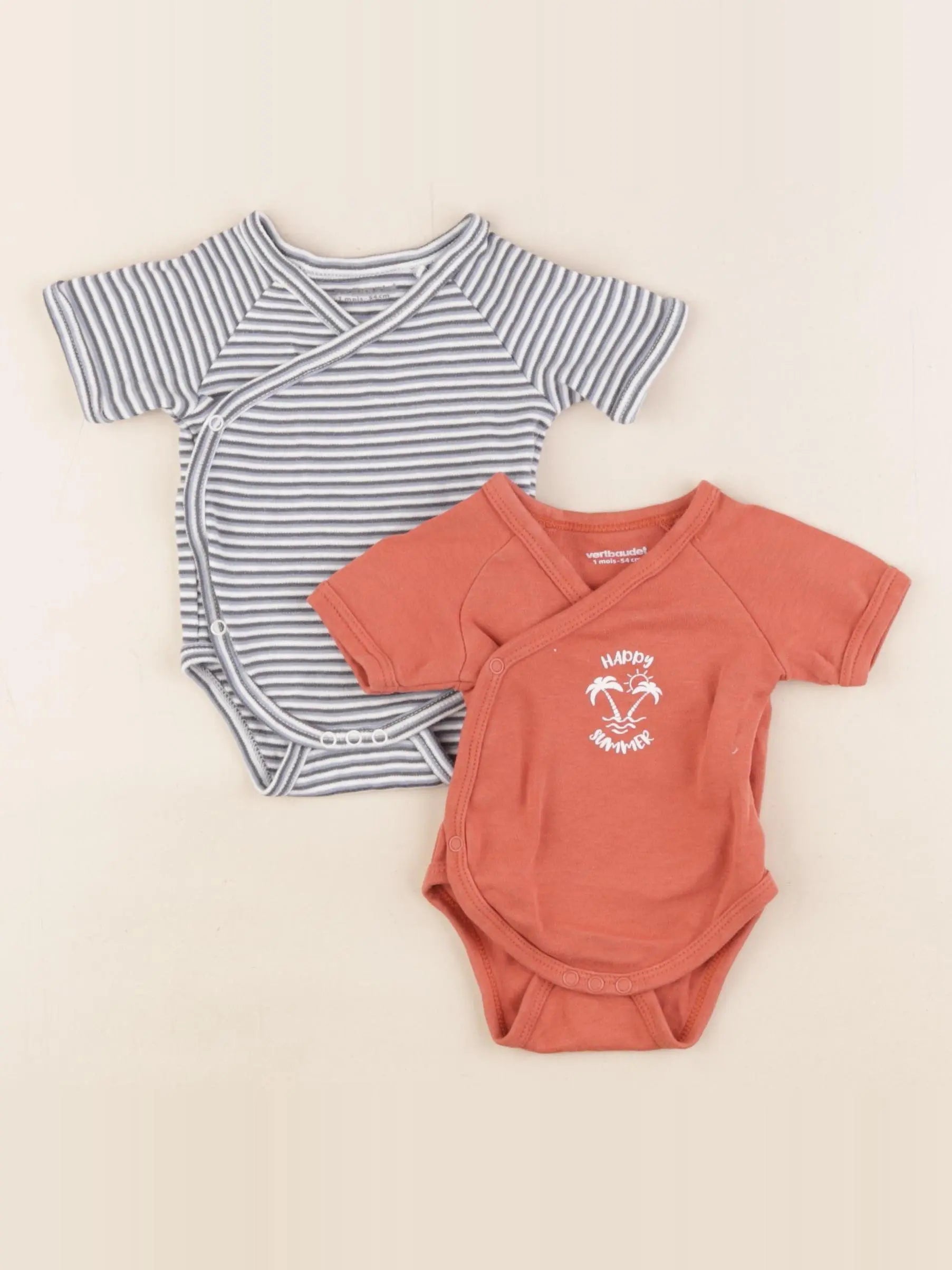 Vertbaudet - lot de 2 bodies en coton bleu, marron - 1 mois