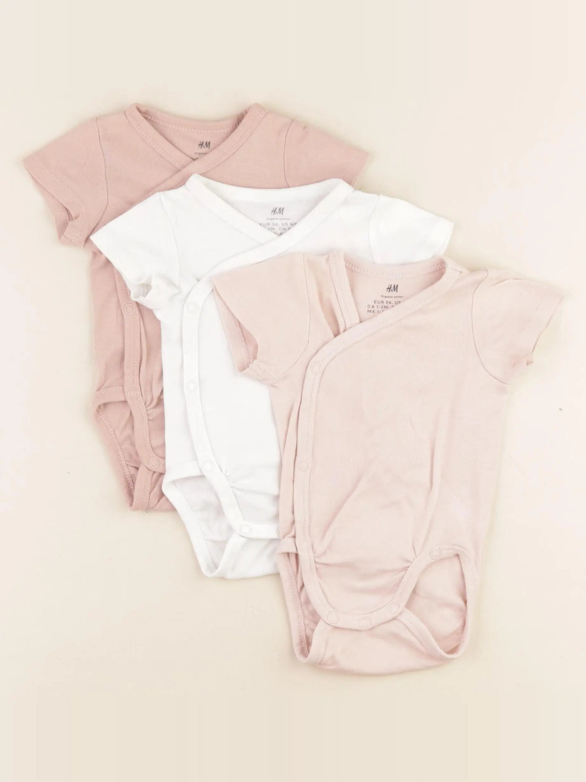 H&M - lot de 3 bodies en coton blanc, rose - 1/2 mois