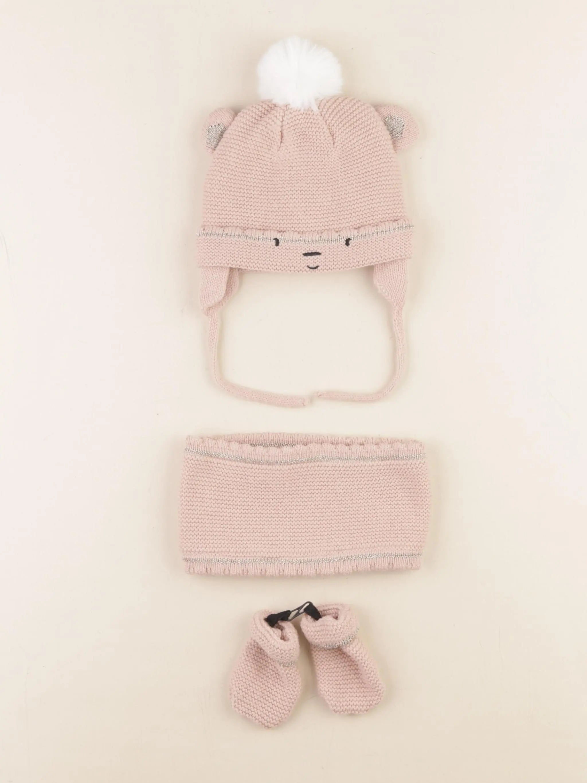 Vertbaudet - ensemble bonnet/moufles/tour de cou rose - 3/6 mois