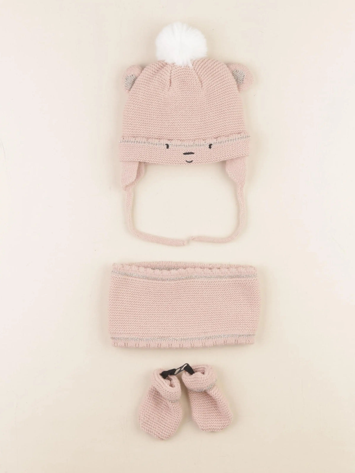 Vertbaudet - ensemble bonnet/moufles/tour de cou rose - 3/6 mois