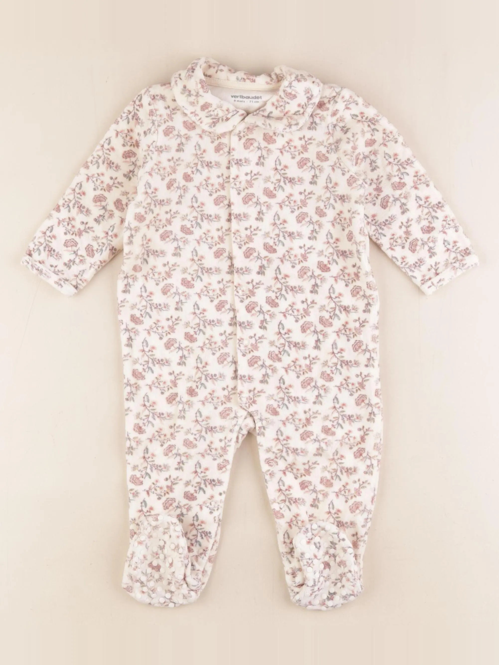 Vertbaudet - pyjama velours beige, rose - 9 mois