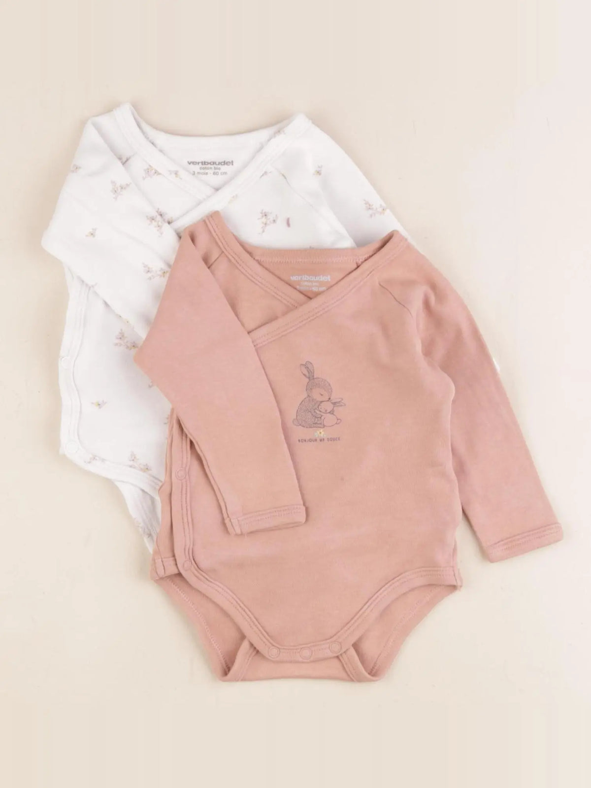 Vertbaudet - lot de 2 bodies en coton blanc, rose - 3 mois