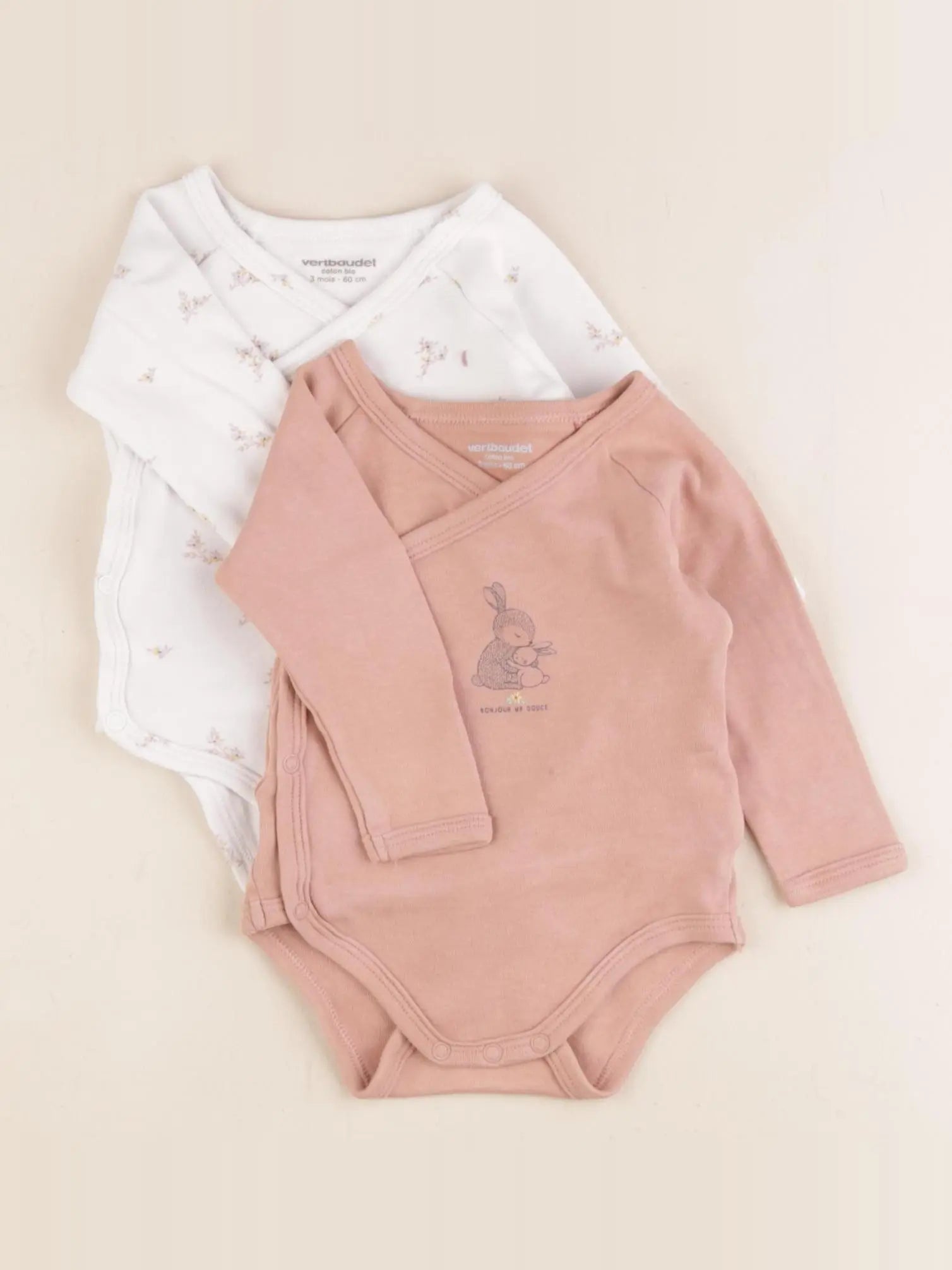 Vertbaudet - lot de 2 bodies en coton blanc, rose - 3 mois