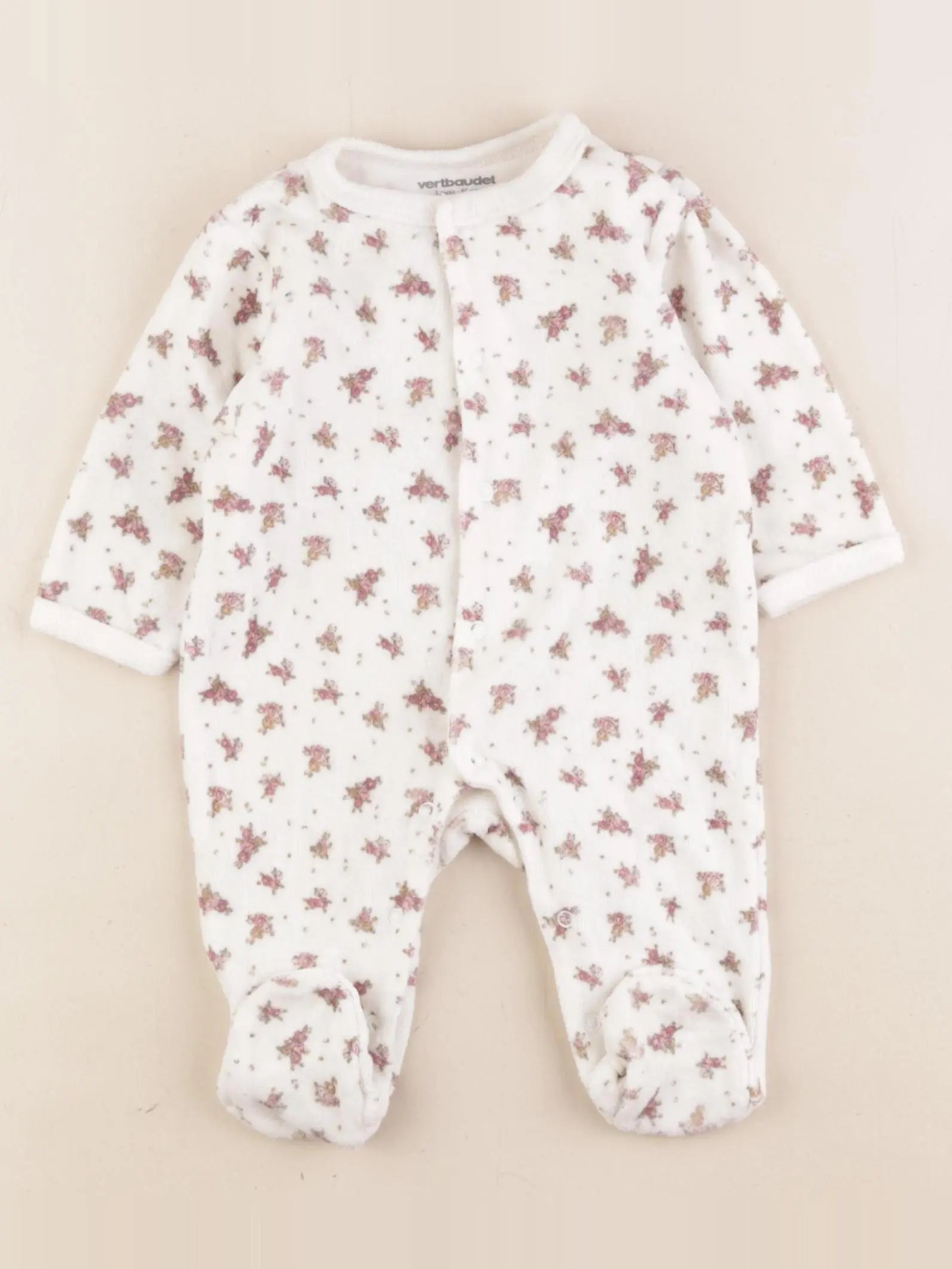 Vertbaudet - pyjama velours beige, rose - 3 mois