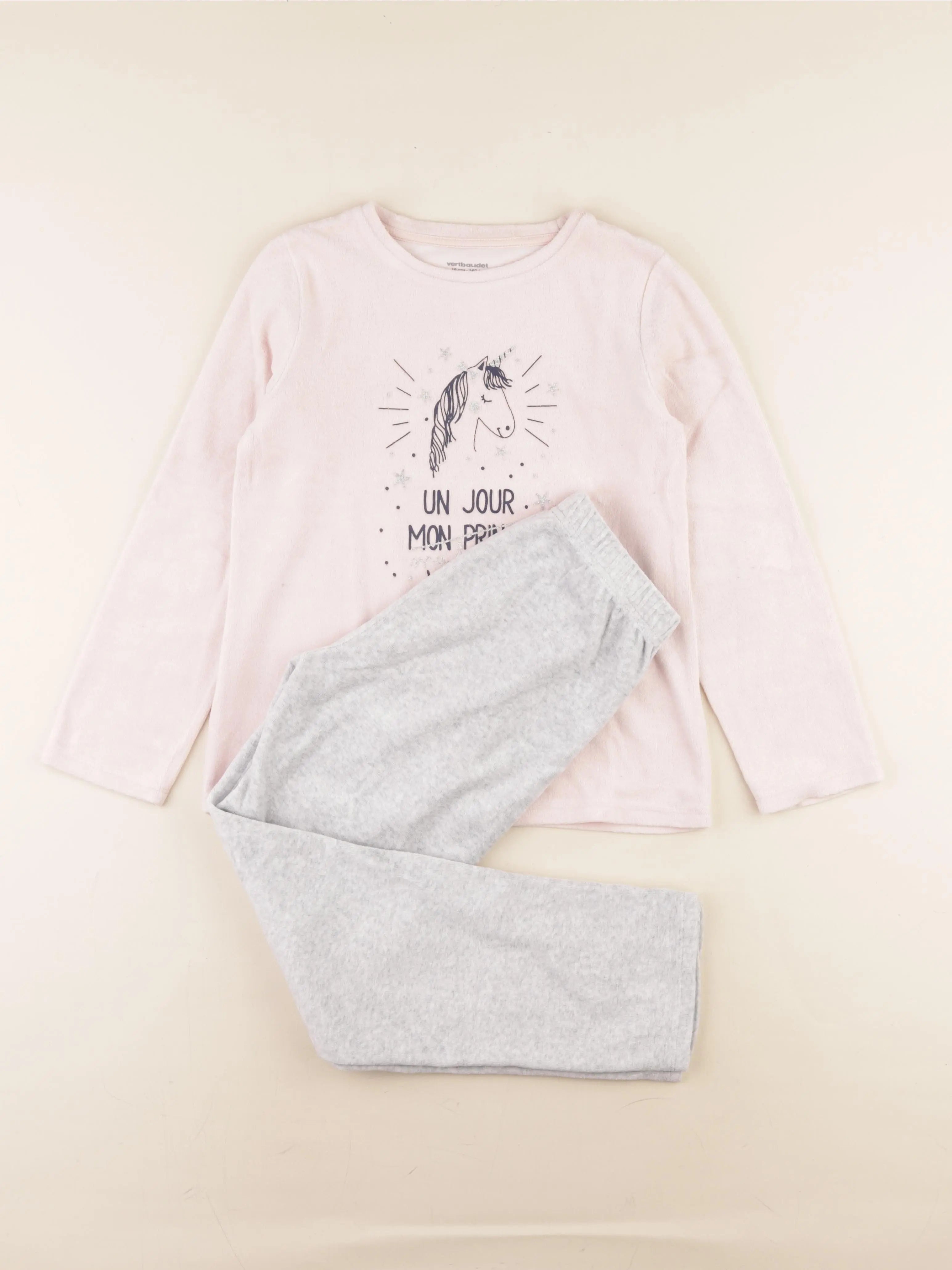 Vertbaudet - pyjama velours rose, gris - 10 ans