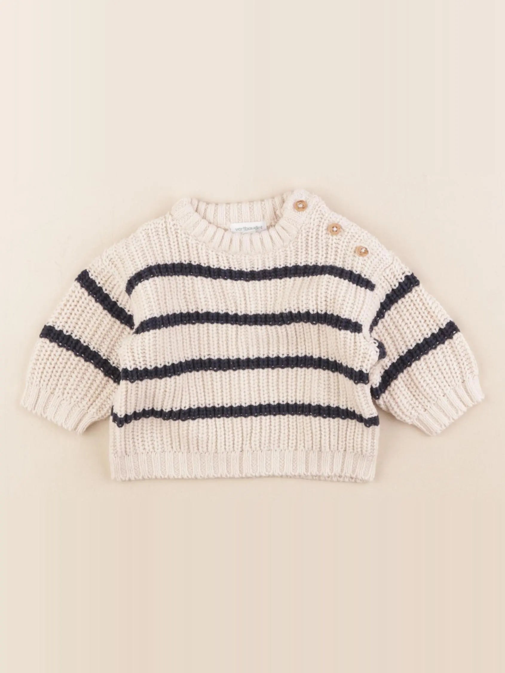Vertbaudet - pull velours beige, bleu - 3 mois