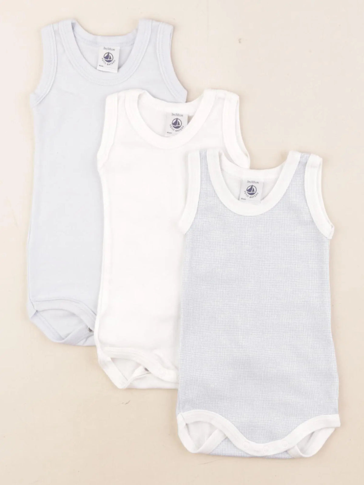 Petit Bateau - lot de 3 bodies en coton blanc, bleu - 3 mois