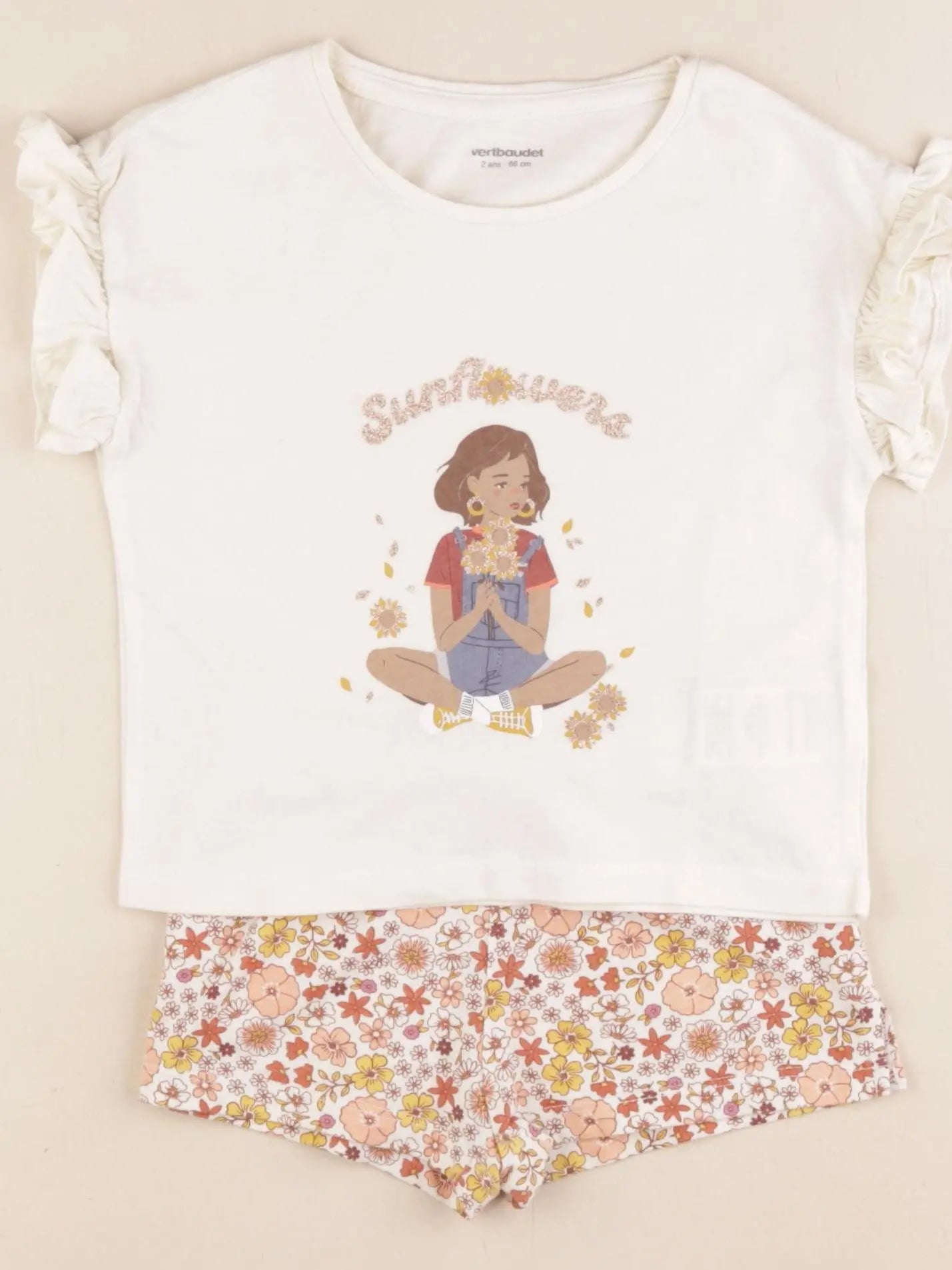 Vertbaudet - pyjama coton beige, rose - 2 ans
