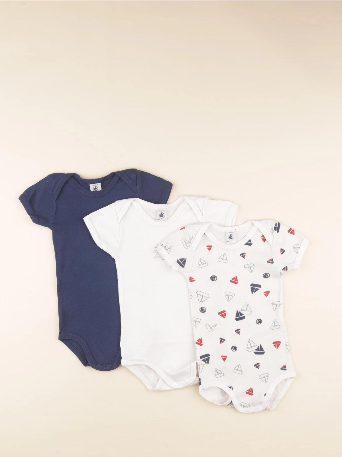 Petit Bateau - lot de 3 bodies en coton bleu, blanc, rouge - 24 mois