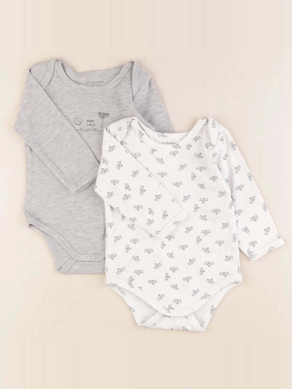 Vertbaudet - lot de 2 bodies en coton blanc, bleu, gris - 9 mois