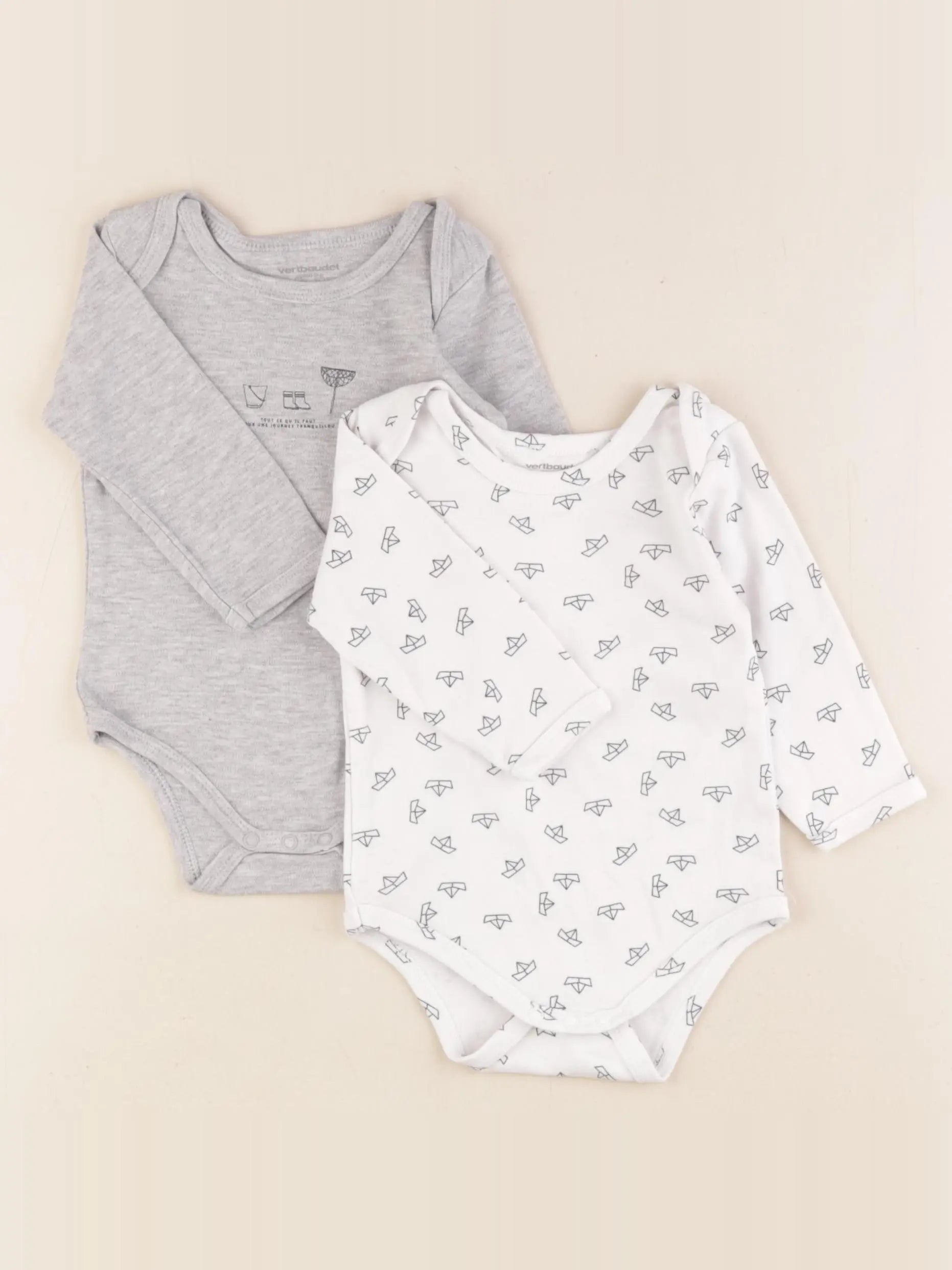 Vertbaudet - lot de 2 bodies en coton blanc, bleu, gris - 9 mois